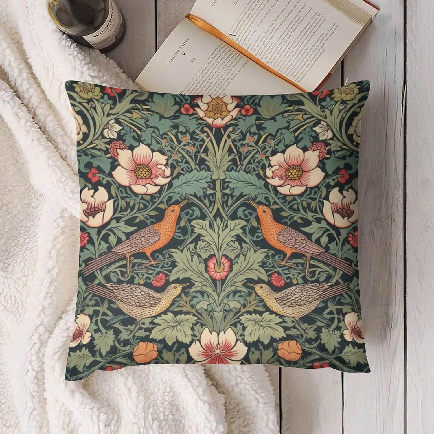William Morris Pillow Case,Polyester Sofa Throw Pillow Cover Set of 2,Vintage Rustic Art Abstract Green Plant Flower Bird Square Protector Cushion for Sofa Bed Decor 22x22in
