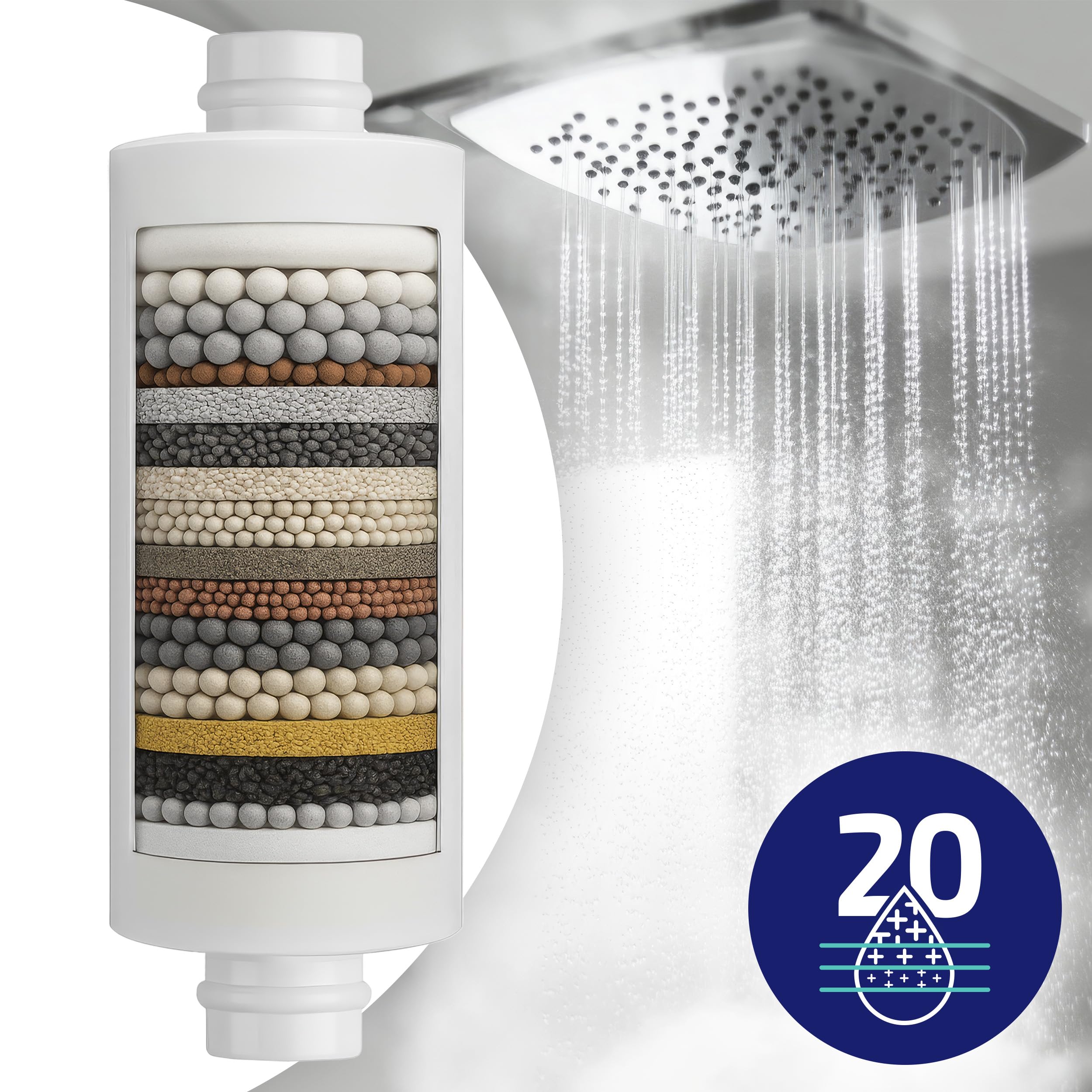 Aquafloow Filtro per Doccia contro Calcare, Cloro e Sporco, Filtrazione a 20 Stadi – Riduce la Perdita dei Capelli e le Irritazioni della Pelle – Adatto a tutti i Tubi Standard