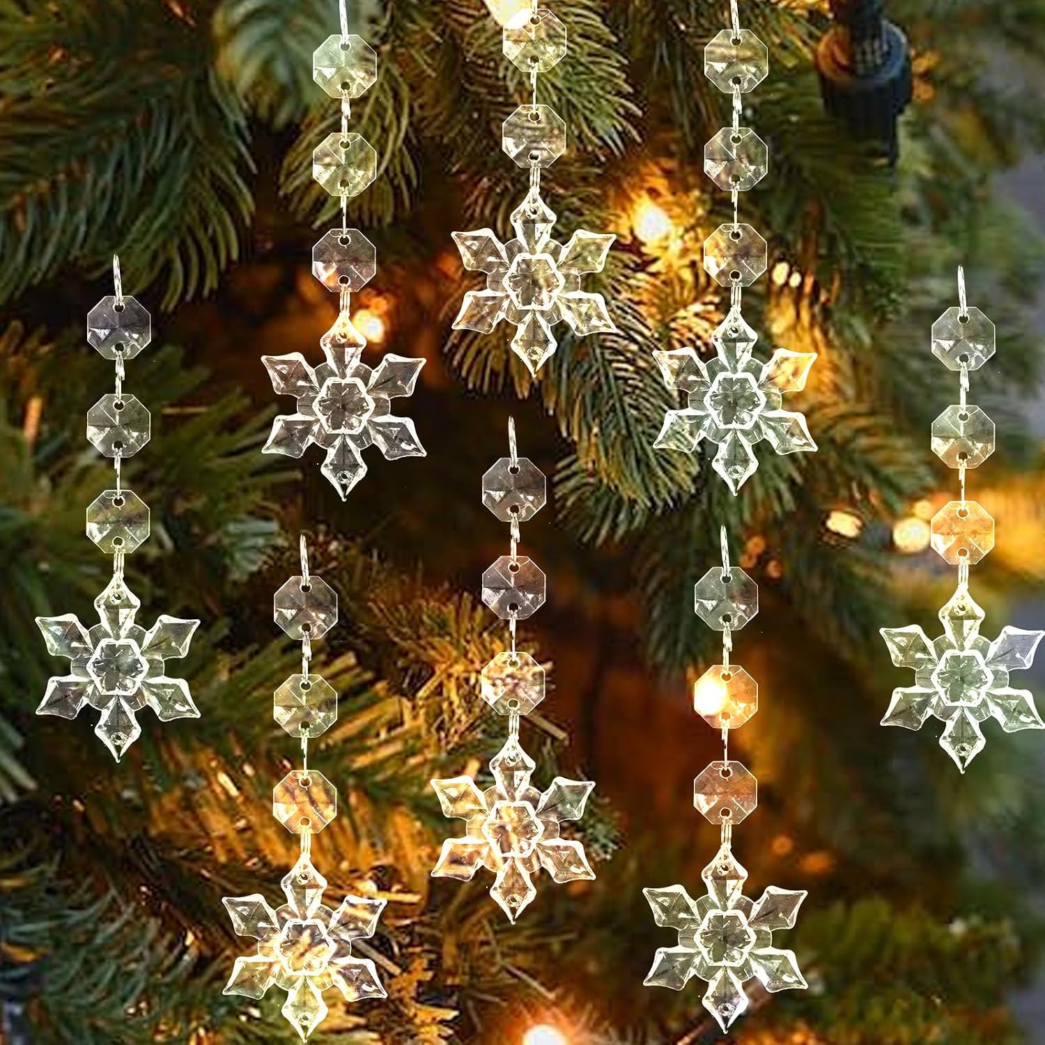 30 PCS Crystal Snowflake Christmas Ornaments for Tree Decorations, Hanging Acrylic Clear Hanging Snowflake Ornaments with Drop Pendants for Winter Wonderland Decor Party Supplies