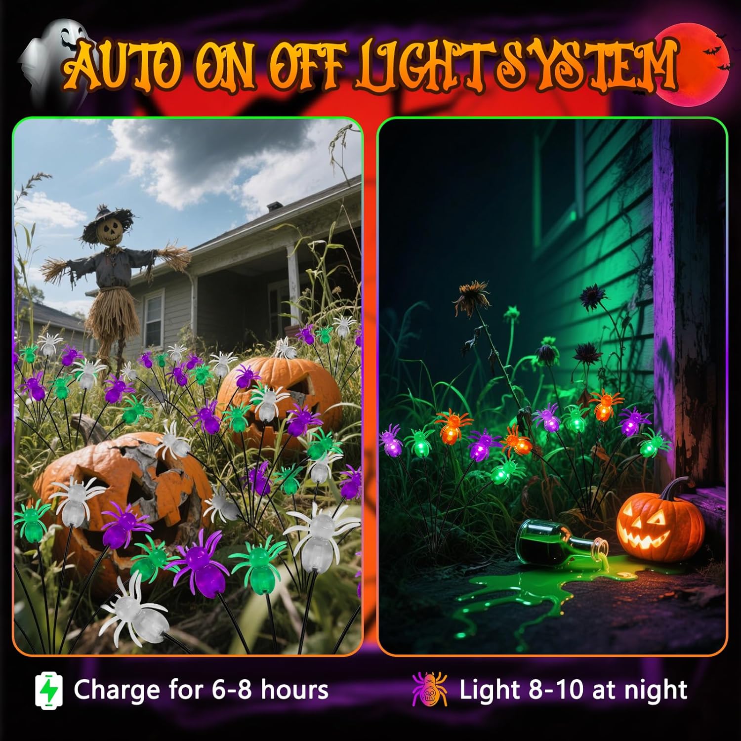 8Pack 48LED Purple, Orange and Green Spider Solar Halloween Lights Outdoor, Solar Swaying Firefly Lights with Spider, Waterproof for Yard, Garden, Pathway, Halloween Decorations