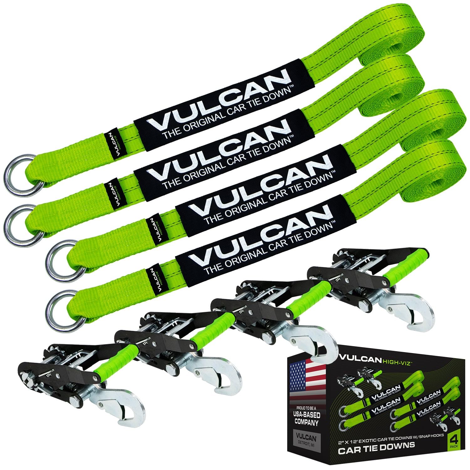 Photo 1 of VULCAN Car Rim Tie Downs with Ratchets - 4 Pack - High-Viz Green