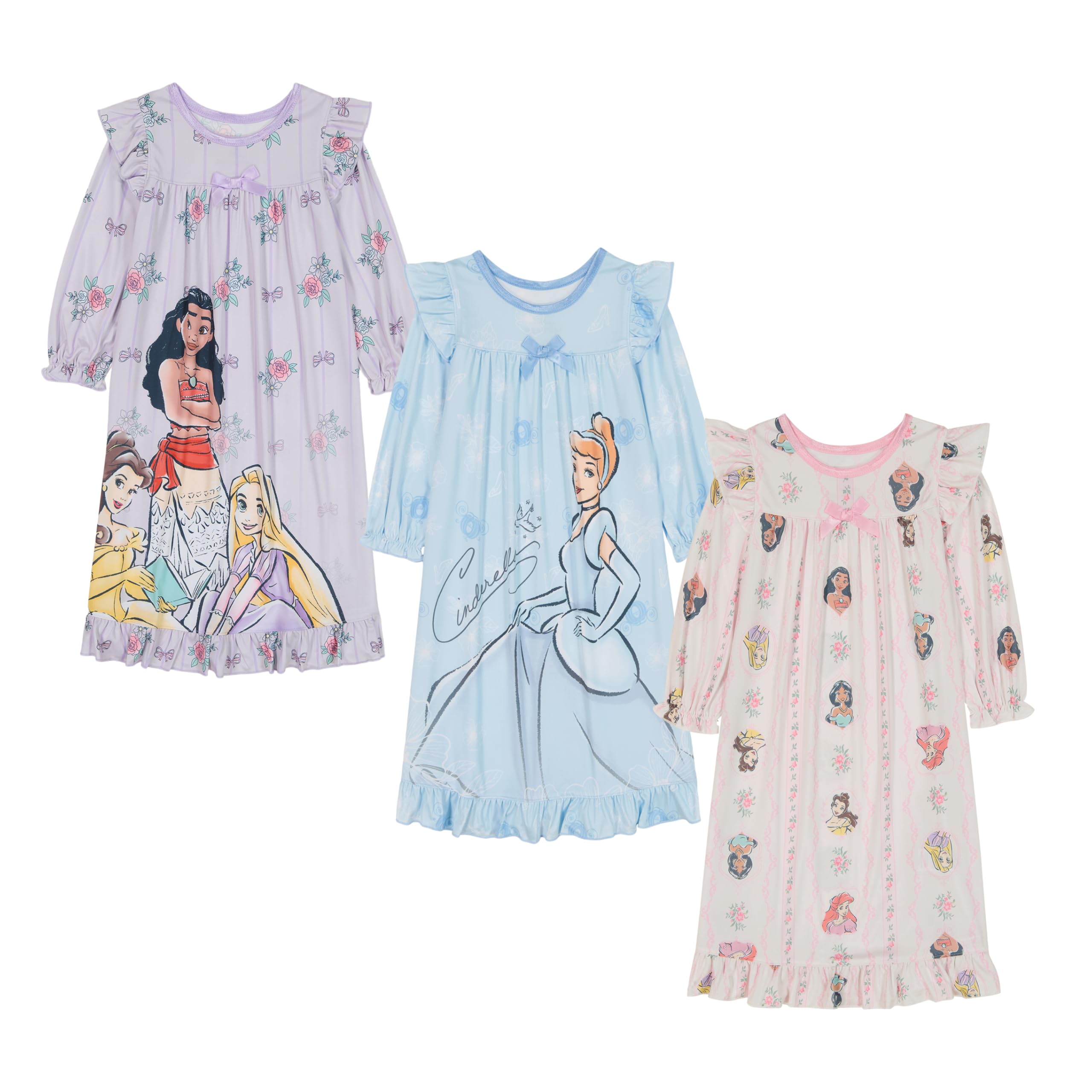 Disney Confezione da 3 camicie da notte da bambina, motivo principesse di Frozen, Minnie, confezione da 8