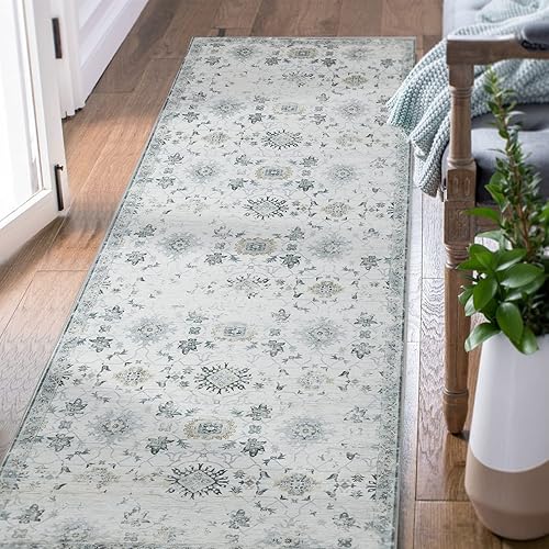 jinchan Alfombra vintage de pasillo de 2 x 10 pies, alfombra lavable gris claro, alfombra fina bohemia para cocina, antideslizante, suave, alfombra