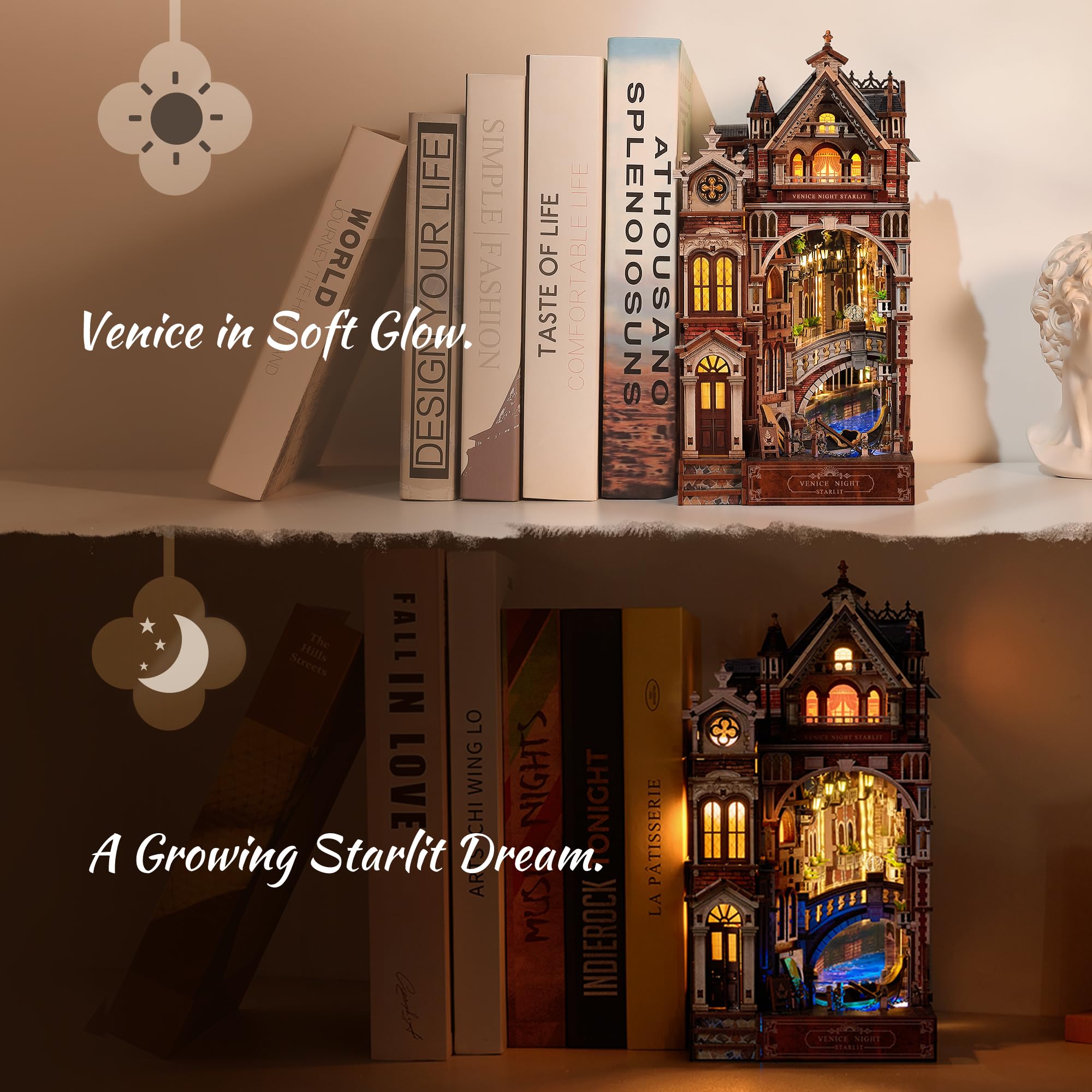 FUNPOLA Venice Night Starlit Book Nook Kit – Puzzle 3D in legno con specchio infinito LED – Decorazione fai-da-te per libreria, miniatura creativa per bambini e adulti (Notte di Venezia stellata)