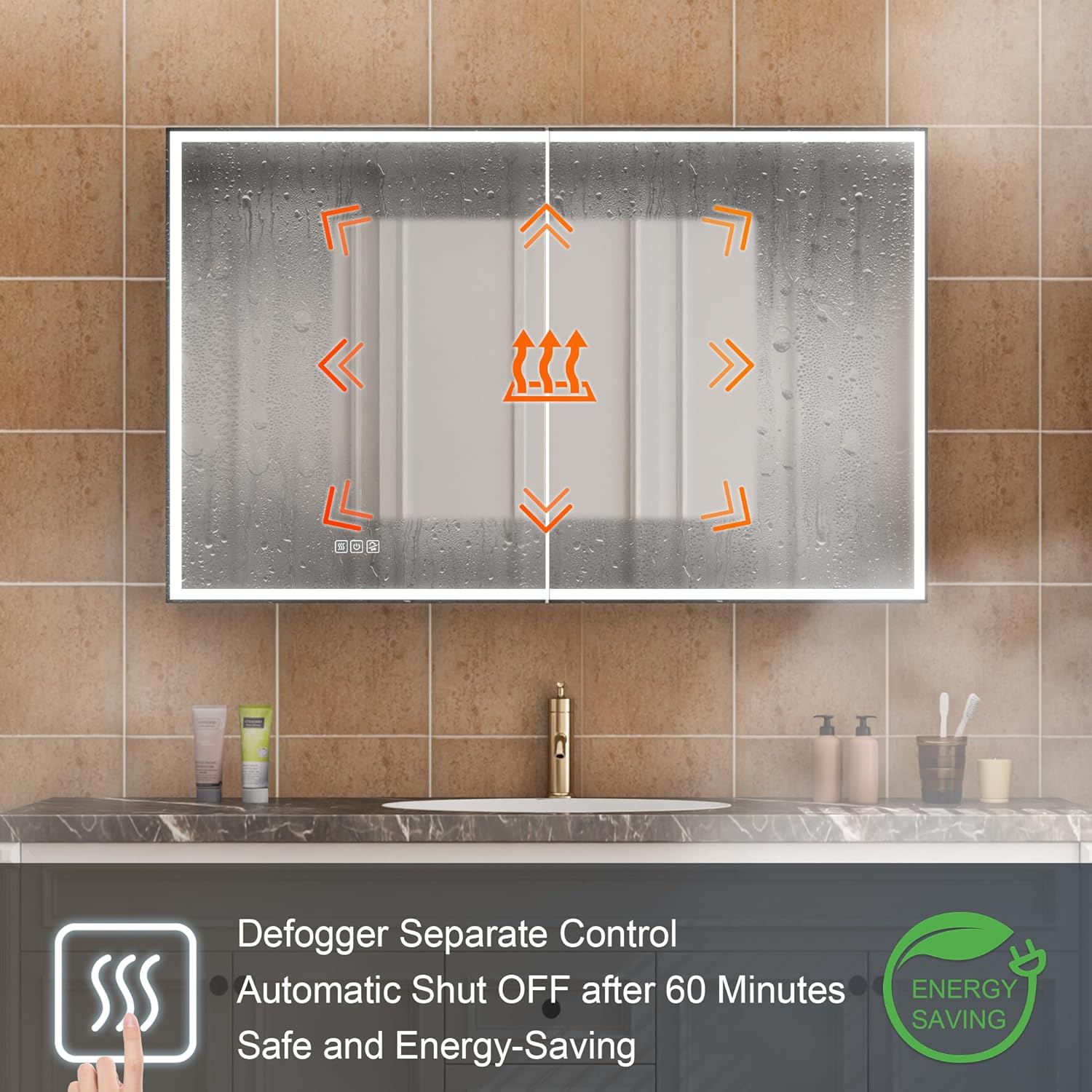 WELLFOR 48" X 30" LED Mirrored Medicine Cabinet, Medicine Cabinets with Lights for Bathroom, Defogging Function Mirror Cabinet, Bathroom Medicine Cabinet with USB Port & Outlet, Double Opening Doors