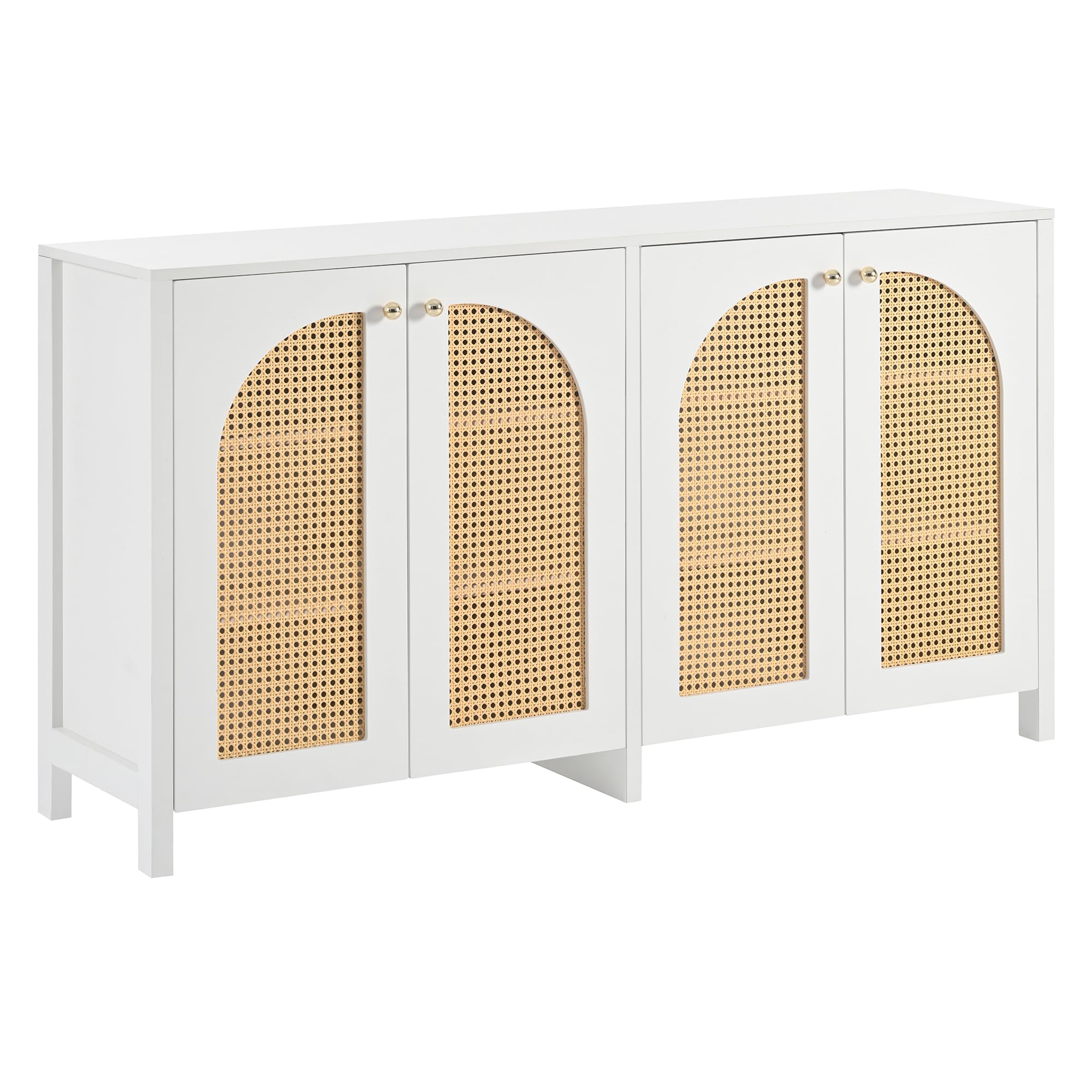 Azkoeesy Credenza con 4 ante in rattan, maniglie in metallo dorato, 145x40x80 cm, ripiani regolabili, minimalista, armadio da cucina/soggiorno, bianco