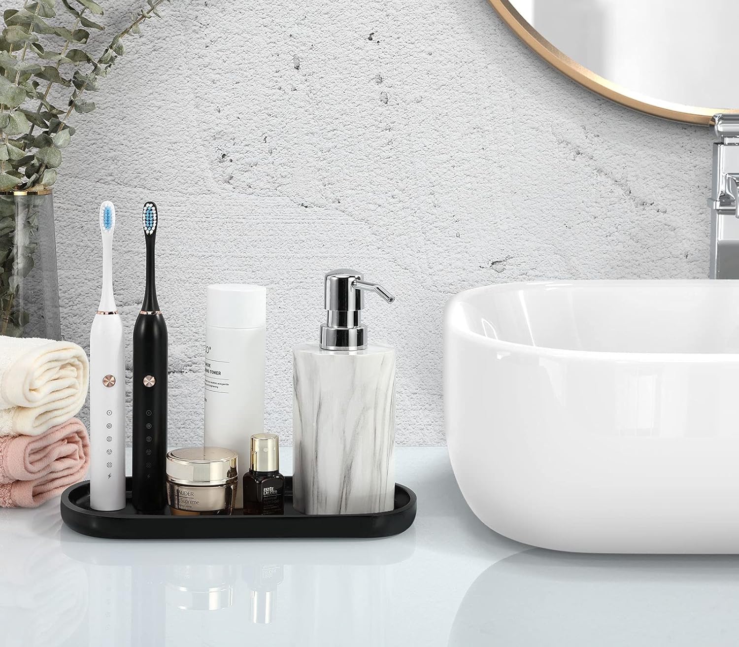 Luxspire Bathroom Vanity Tray, Oval Soap Dispenser Tray, 10" Kitchen Counter Trays, Handmade Resin Bathroom Tray for Counter, Toilet Tank Tray, Trinket Tray for Perfume Jewelry, Small, Matte Black - Image 6