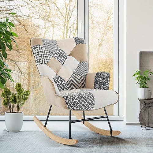 Mecedora de retazos, silla decorativa para dormitorio y sala de estar, silla mecedora de guardería con respaldo alto, mecedora para interiores