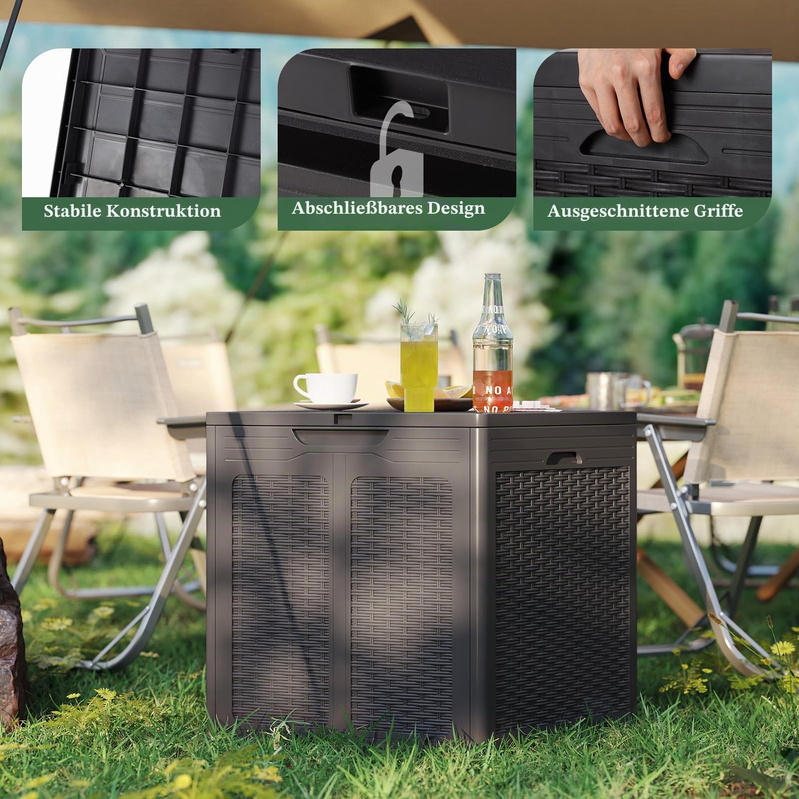 GIANTEX 145 L Auflagenbox, Gartenbox mit abschließbarem Deckel, Kissenbox aus Kunststoff, Outdoor Aufbewahrungsbox für Gartenmöbelauflagen, Gartengeräte & Poolzubehör (Braun)