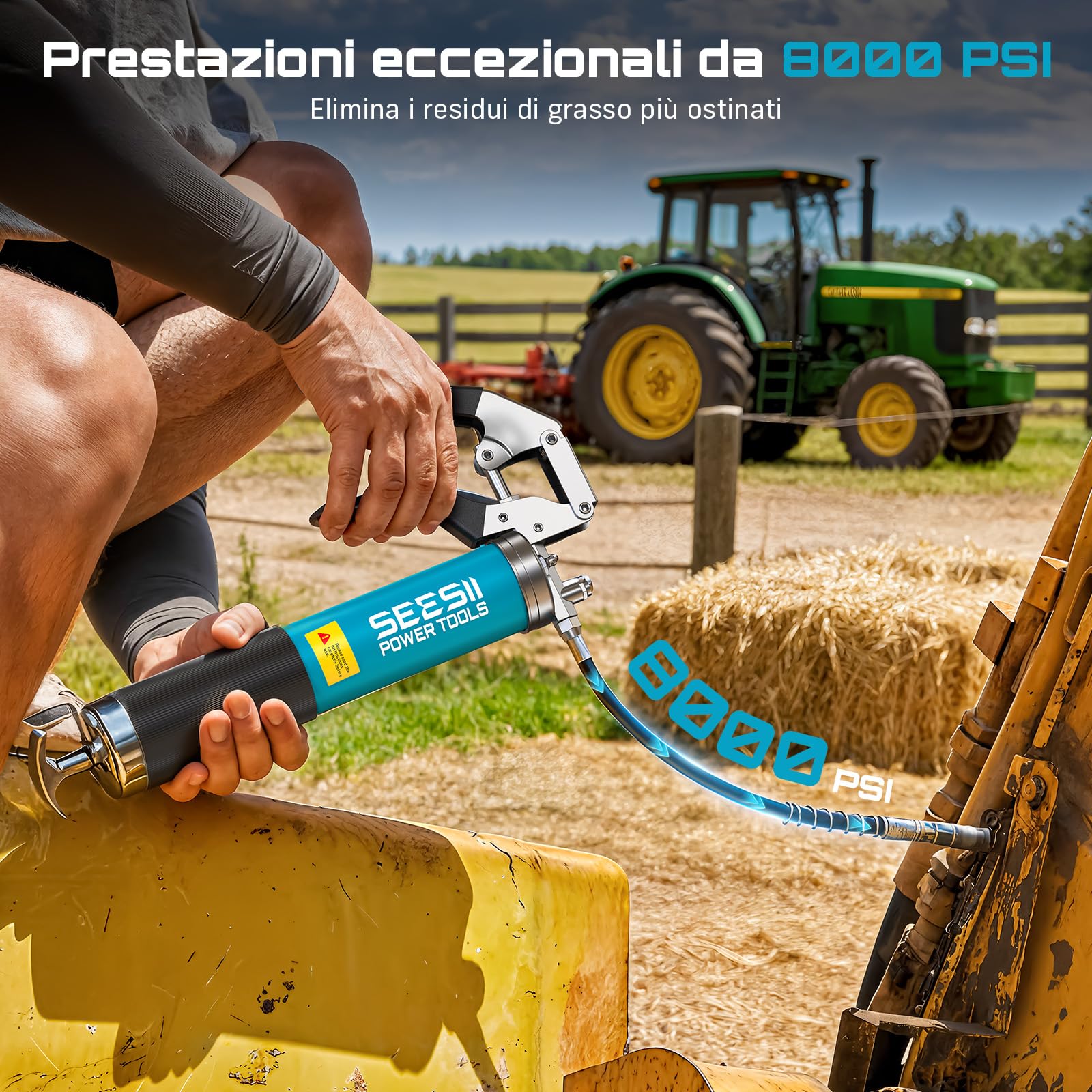 Seesii Ingrassatore Manuale 8000 PSI: Pistola per Grasso Potenziata da 400 CC con Raccordo a Sgancio Rapido, Adattatore a 90°, Tubo Flessibile e Tubo Rigido per Autoveicoli, Trattori e Imbarcazioni