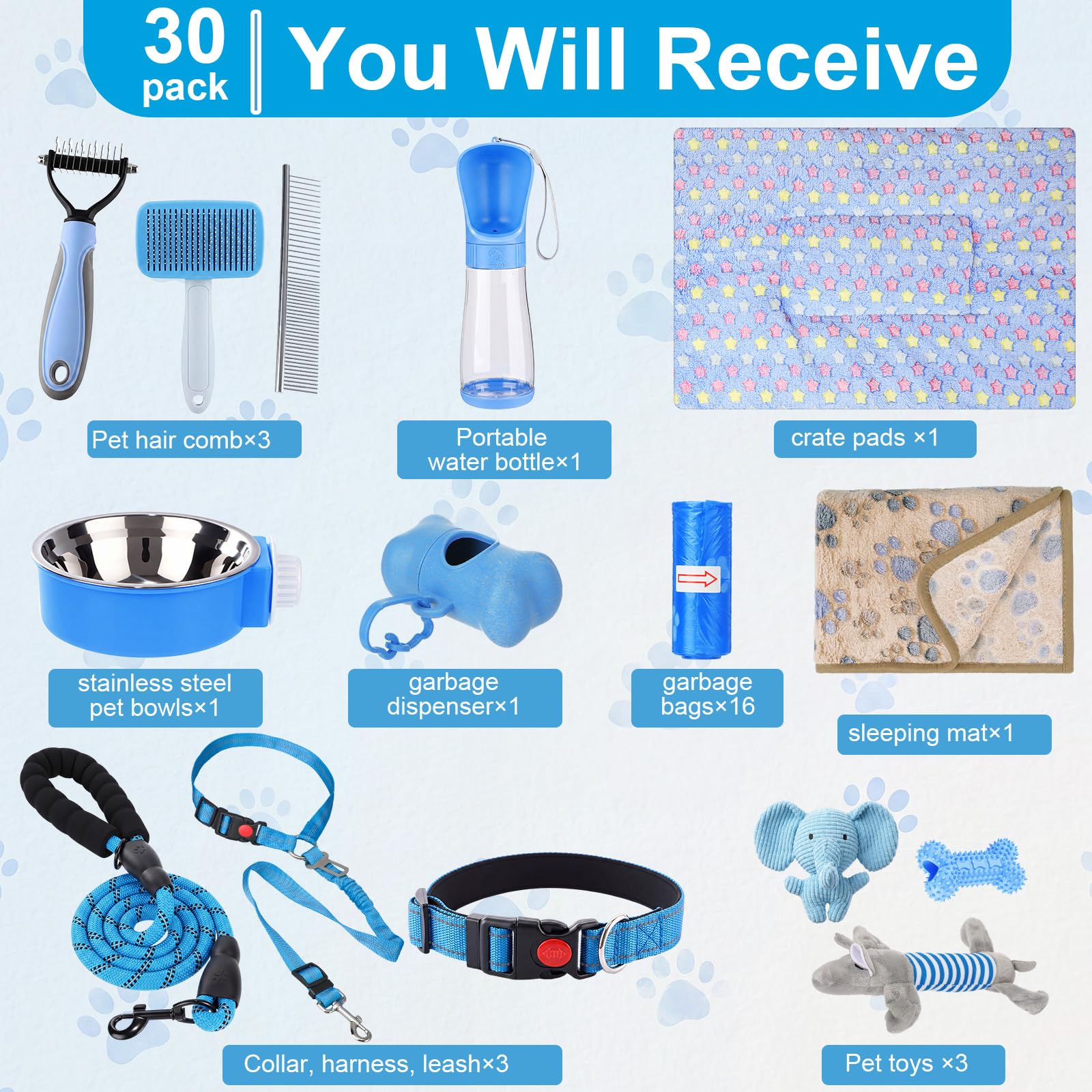 30-teiliges Welpenzubehör-Starter-Set für kleine Hunde, kein Ziehen, Hundegeschirr, Halsband, Leine, Spielzeug, Wasserflasche, Haustierpflegeset, Welpenzubehör als Willkommensgeschenk (Blau
