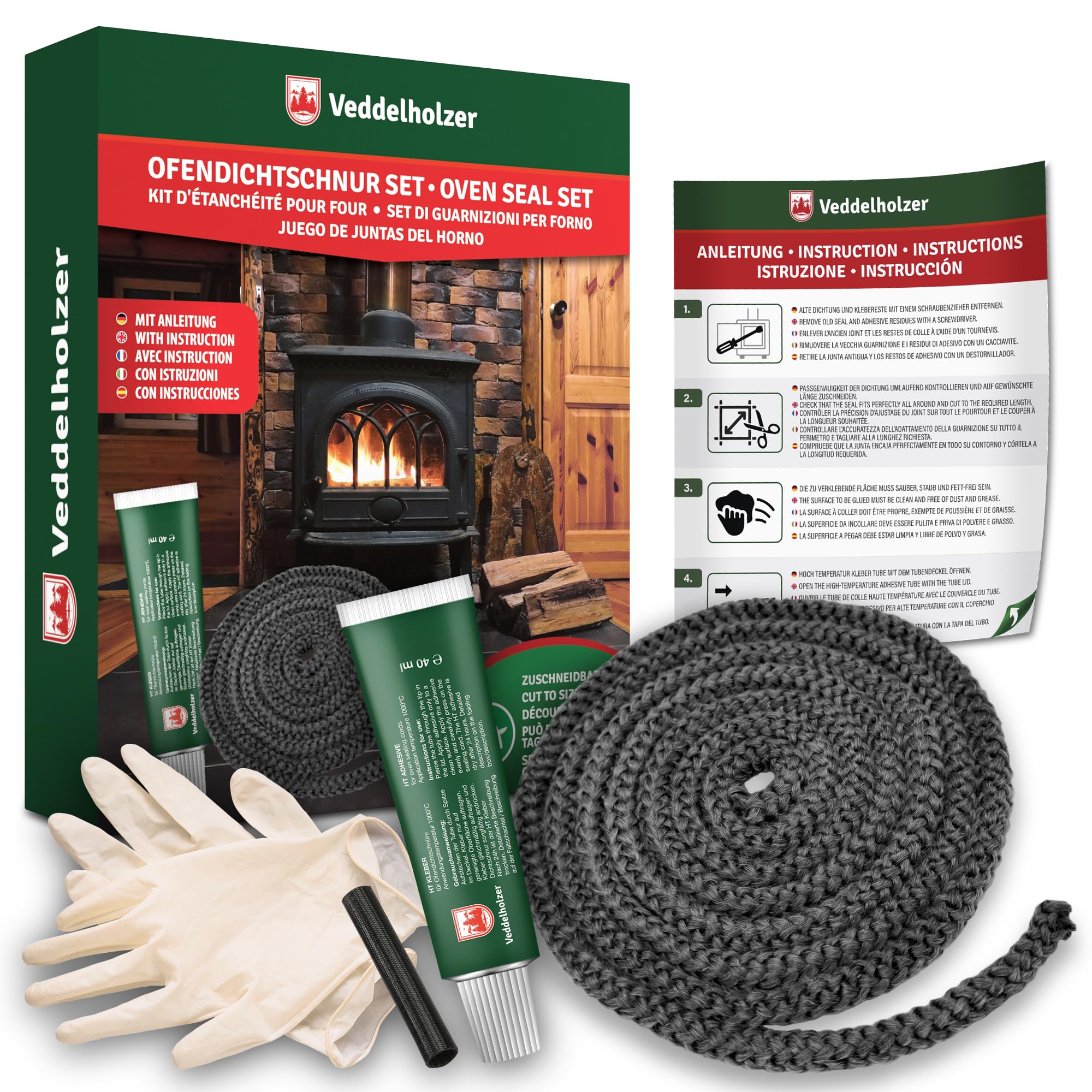 VeddelholzerComplete Set Diameter 10 mm Oven Sealing Tape, Oven Seal, Oven Seal, Oven Sealing Cord for Fireplaces, Stoves and Stoves Accessories Including High Temperature Adhesive, Gloves, Sleeves