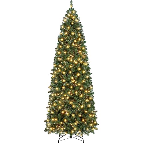 Yaheetech 7.5ft Pre-lit Kingswood Fir Pencil Artificial Hinged Christmas Tree Skinny Corner Xmas Tree with 350 Incandescent Warm White Lights Prelighted Xmas Tree with Foldable Stand, Green