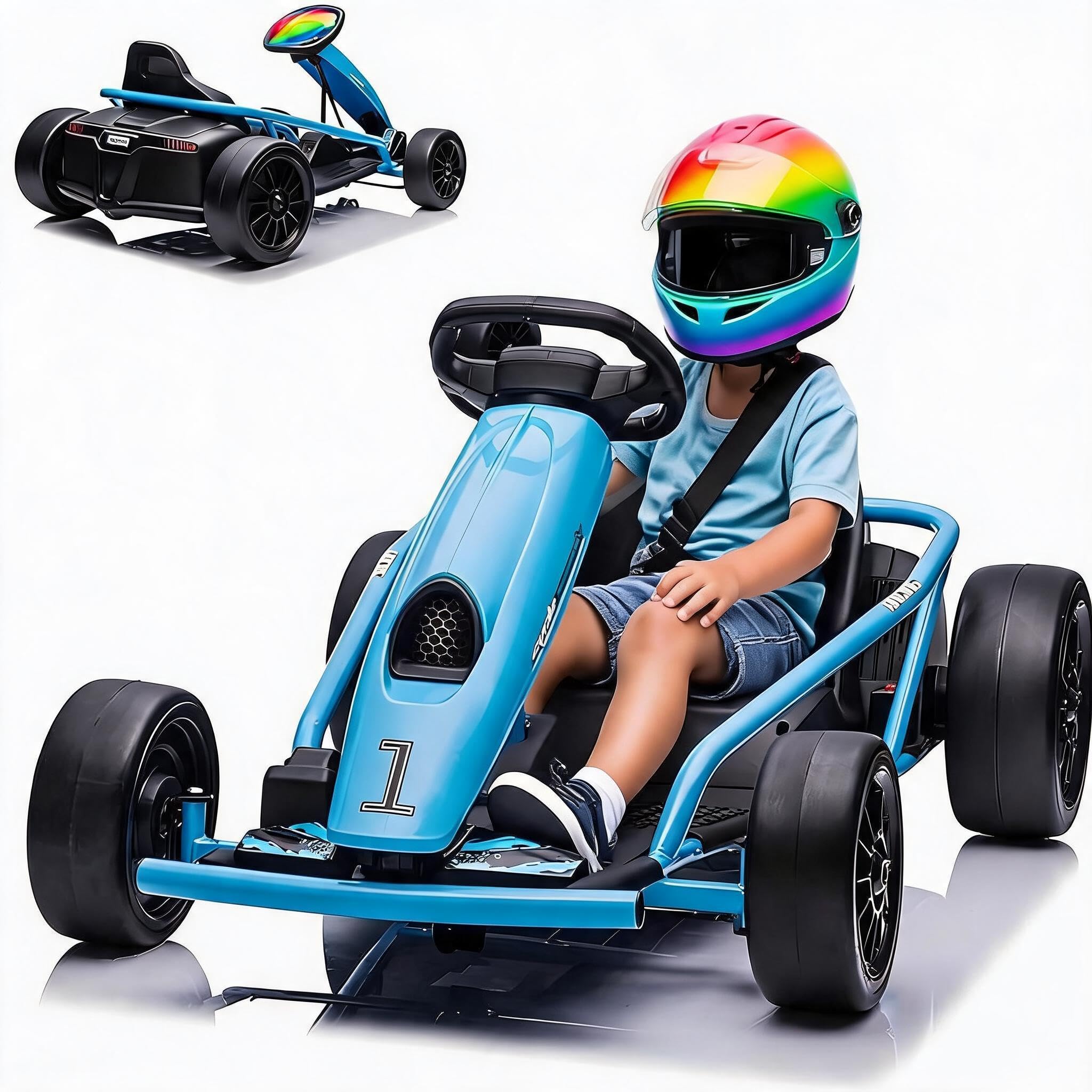 Go-Kart électrique Enfant 24V Drift, 2x300W, 6–18 km/h, Batterie 9Ah, démarrage progressif, siège réglable, autonomie env. 60 Min, Musique/MP3 + klaxon, Puissance 70 kg - Bleu