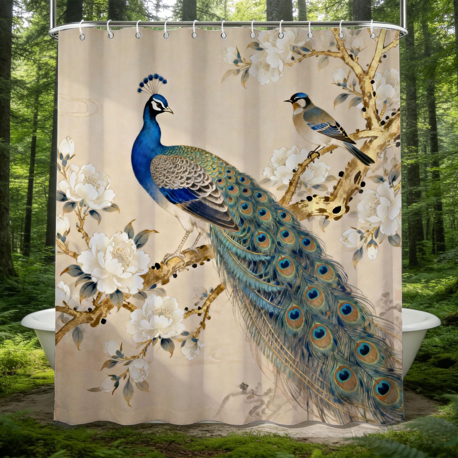 Hongduo White 3D Peacock Shower Curtain For Stalls Bathtubs Exotic Print Bathroom Decor Shower Curtain Set Polyester Fabric Waterproof 180X200cm/71X79 Inch With Hooks