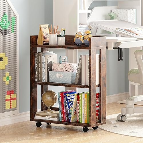 Miniatura 4 de ALISENED Mesita de noche de 3 niveles con ruedas estantería pequeña de madera y estantería mesita de noche de granja con estante de almacenamiento