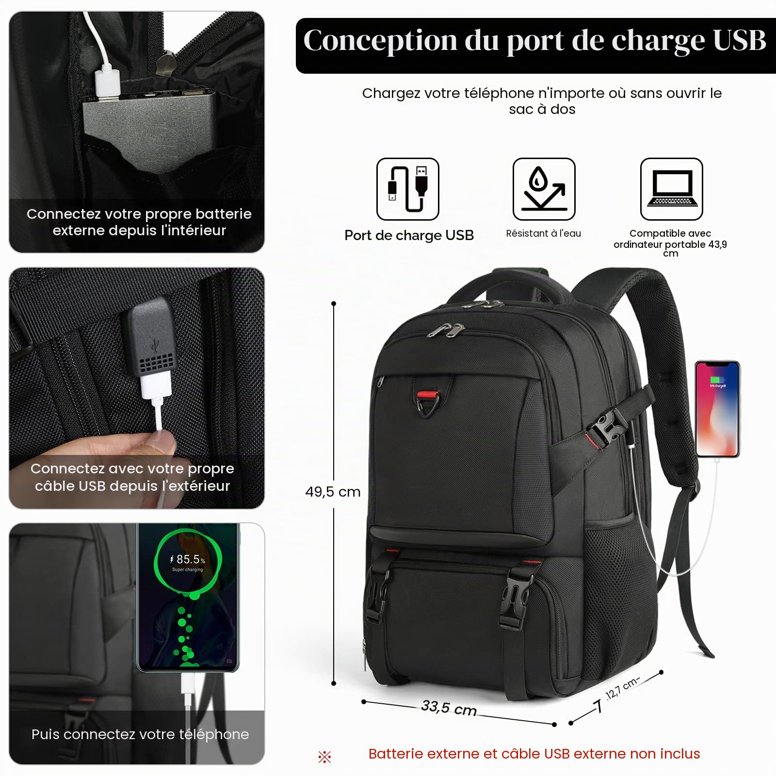 NEWHEY Sac à Dos Ordinateur Portable 17.3 Pouces Avec Compartiment Isotherme pour Déjeuner et Port USB Sac de Voyage Imperméable Sac Isotherme Homme Femme Pique-Nique Travail École Noir