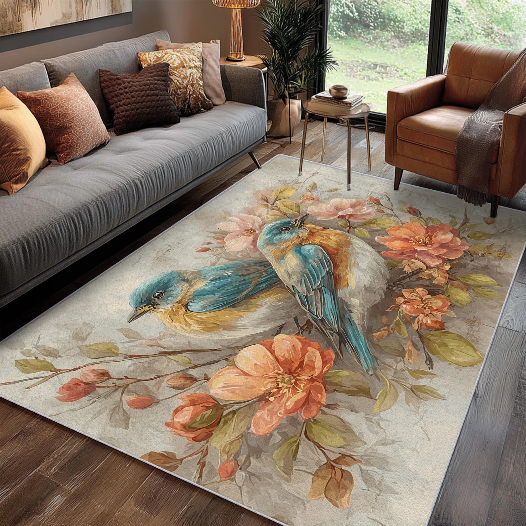 Vintage Floral Rug 5x7 Bedroom Flower Bird Pattern Washable Area Rugs for Living Room Vintage Floral Home Decor