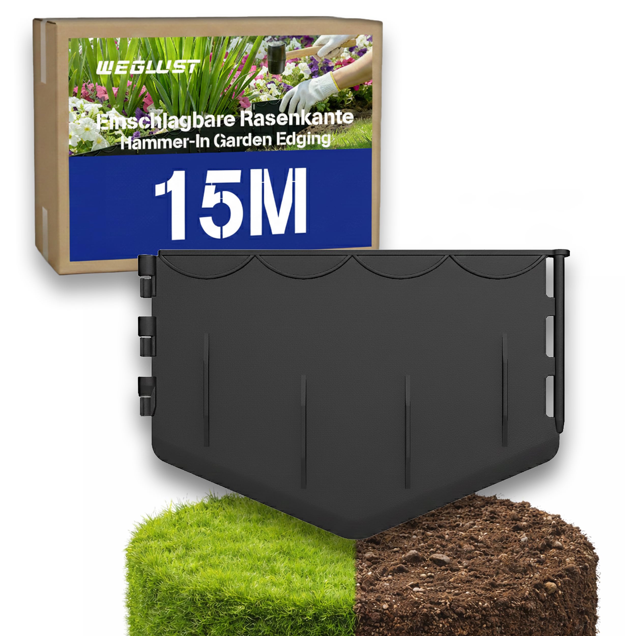 Rasenkante 15 m – mit Gummihammer direkt einschlagen, kein Graben | Robuste Beeteinfassung | Für große Rasenflächen, Grundstücke und Wege