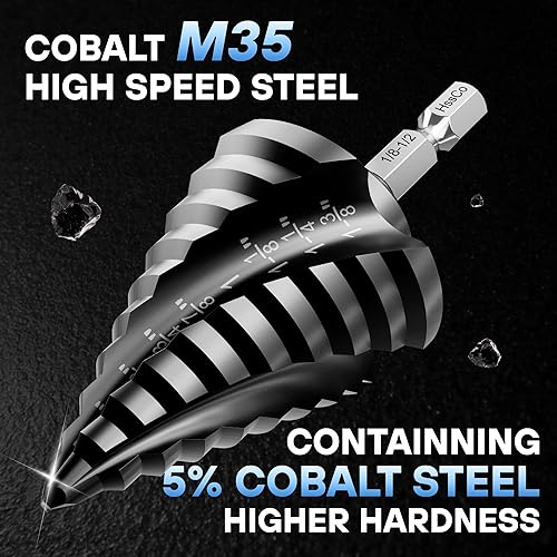 Miniatura 4 de Juego de brocas escalonadas de acero cobalto - Adecuado para metales, especificaciones de 14 a 1-38 pulgadas, brocas de paso de impacto con