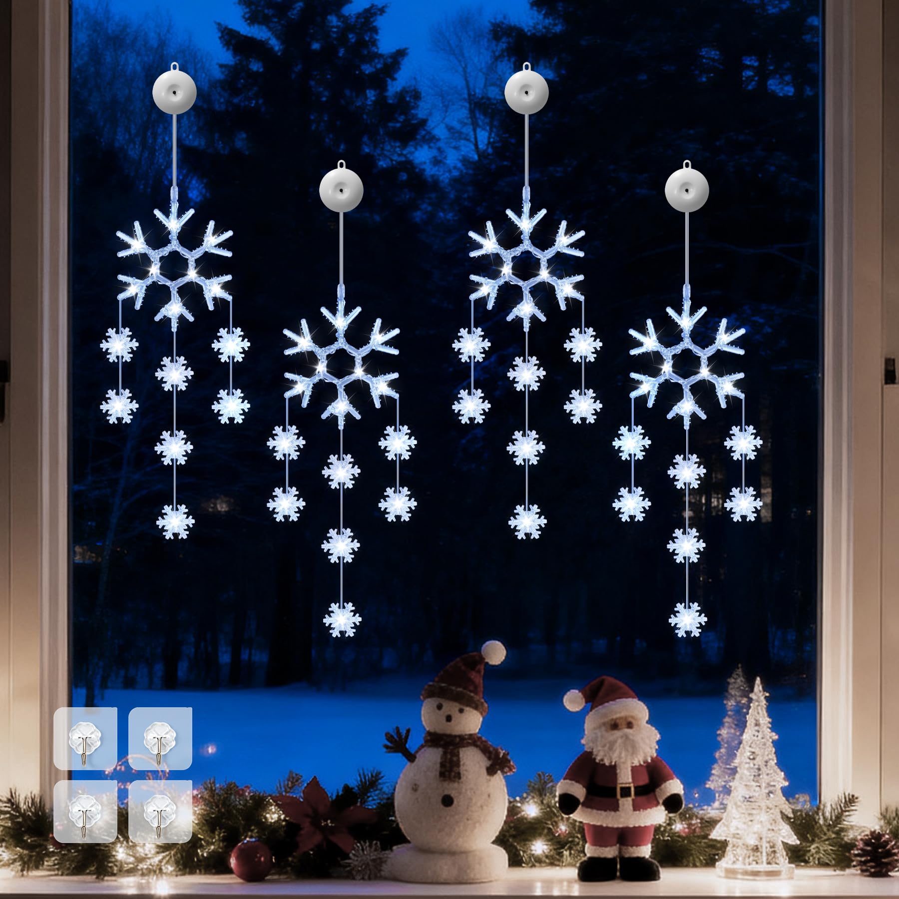 Dankeled Christmas Window Lights, 4pcs LED Snowflake Curtain Fairy Lights with 8 Modes, Christmas String Lights Battery Powered for Indoor Outdoor Window Wedding Xmas Party Decorations (White)