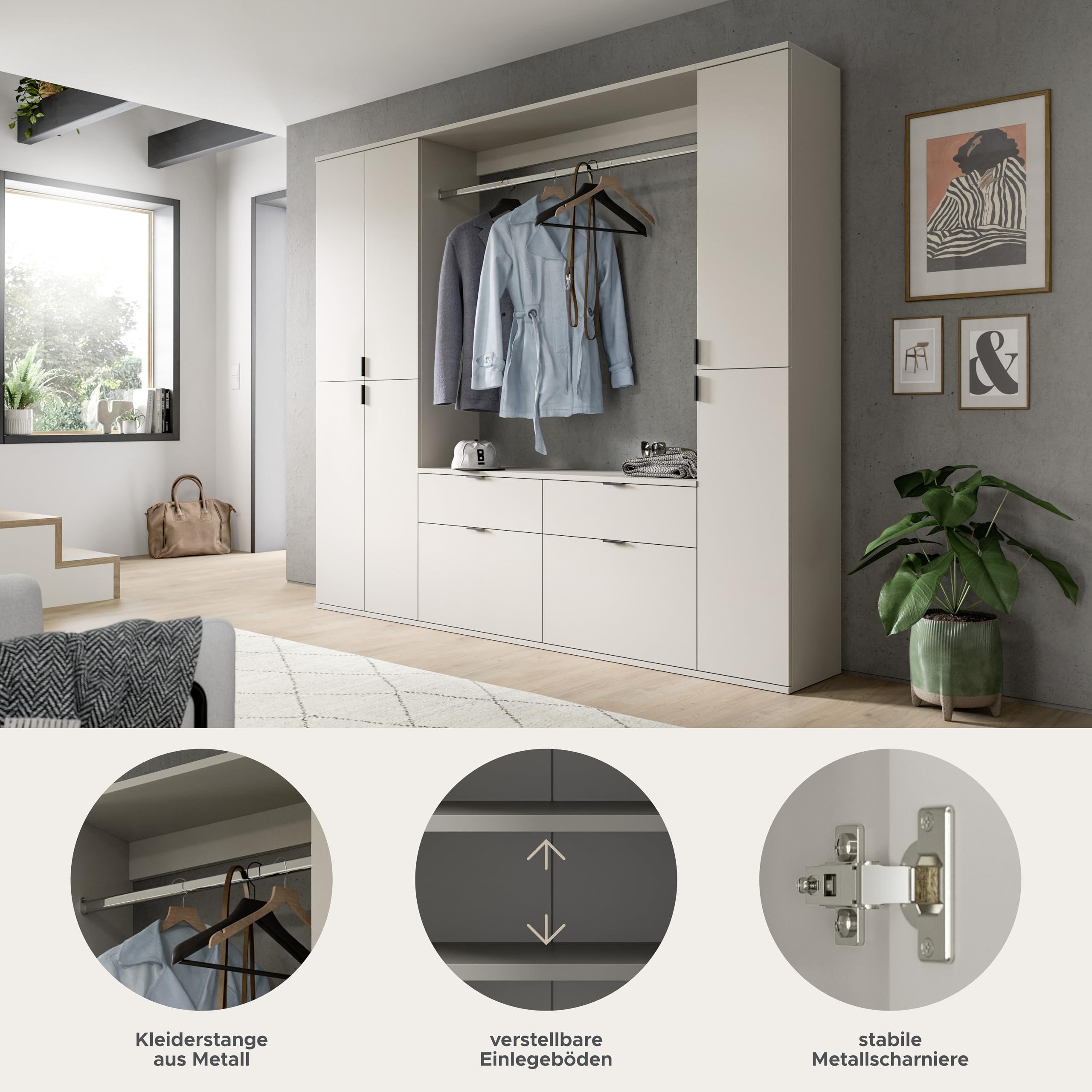 xonox.home – 3 TLG. Garderobenkombination Projekt X 212x193x34 cm in Kaschmir Melamin – Set mit breitem Hochschrank, breiter Kommode & Wandboard – Großzügige Schrankkombination für die ganze Familie