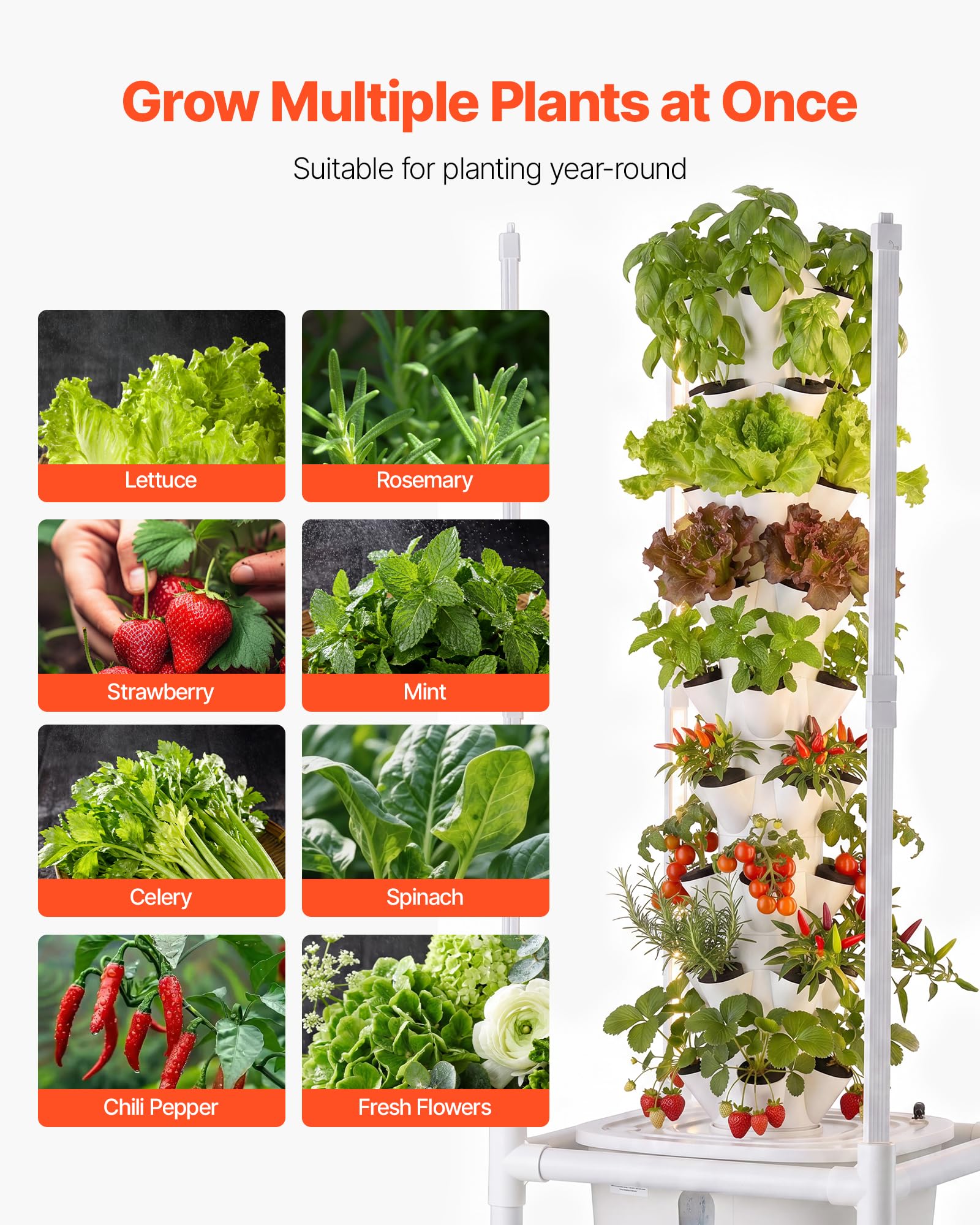 VEVOR Kit de Cultivo Hidropónico, Sistema de Torre Hidropónica de 9 Niveles 45 Agujeros, con Luces de Crecimiento Control por App Ruedas Bomba de Agua, Depósito de 20 L, para Hierbas Frutas Vegetales