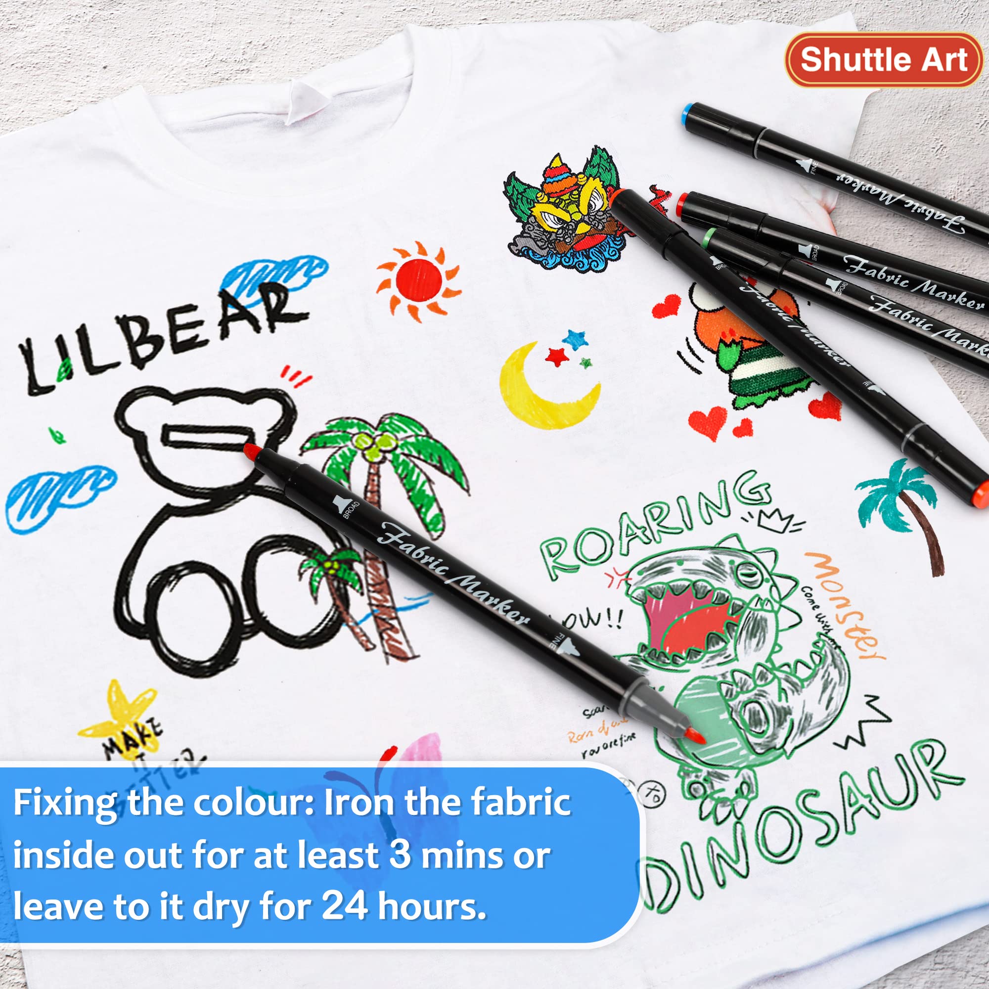 Shuttle Art Dual Tip Fabric Markers, 30 Colors Permanent No Bleed Pens for T-Shirts Sneakers, Non-Toxic & Child Safe for Kids Adult Painting Writing - Image 3