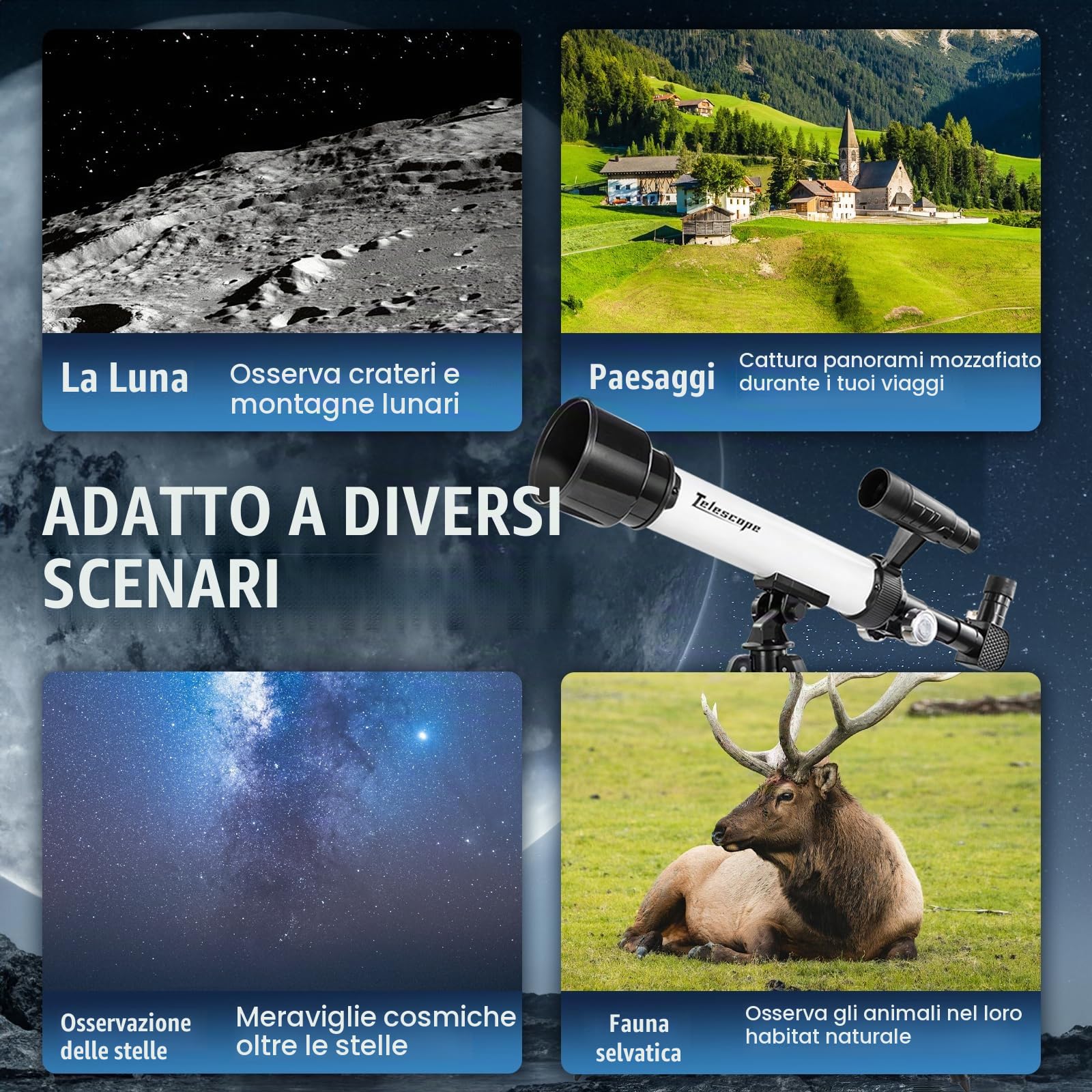 Telescopio Astronomico per Principianti Adulti Apertura 50 mm/500 mm, Telescopio Optics Rifrattore Portatile da Viaggio 30X/60X con Treppiede Regolabile