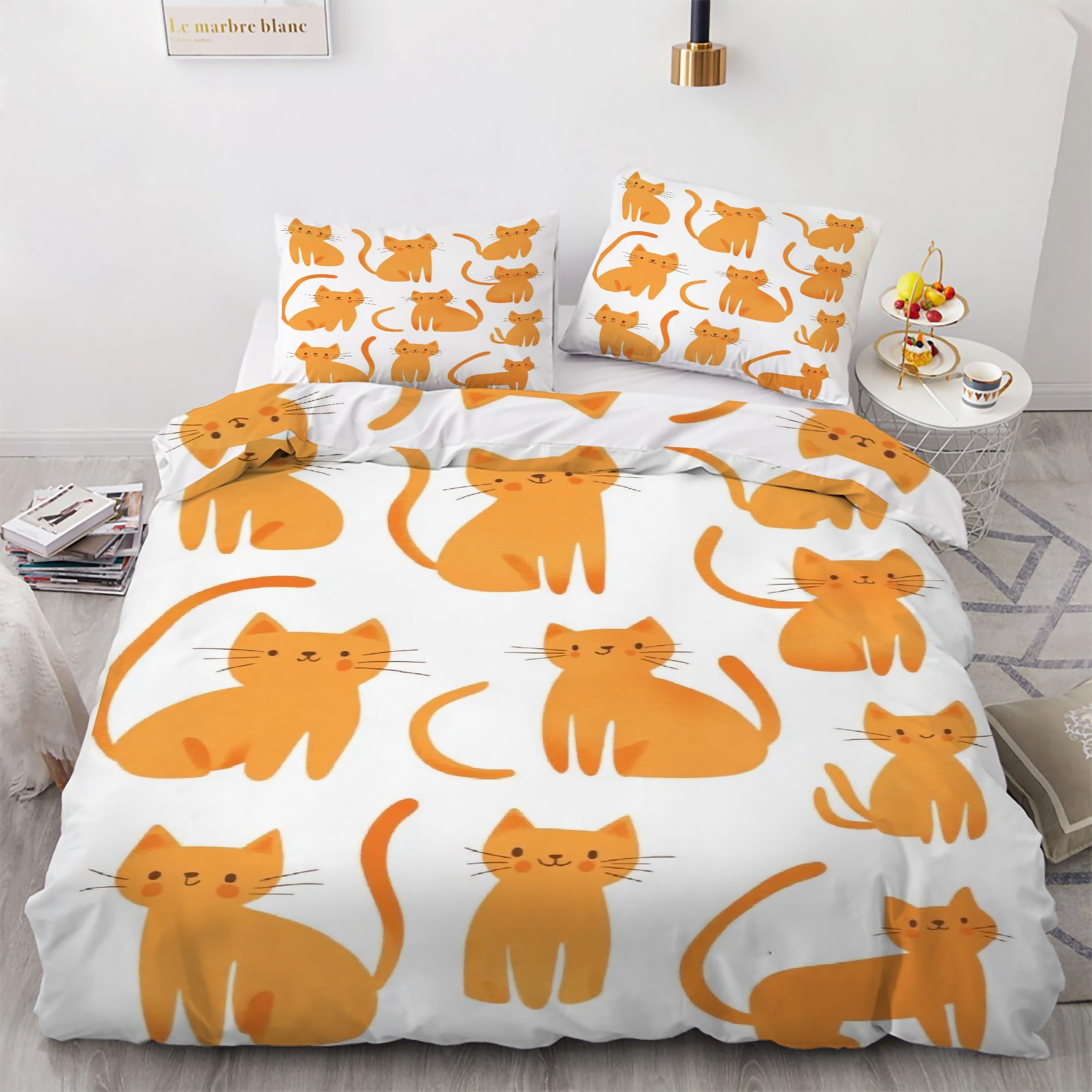 Parure de lit 90x190 chat orange avec housse de couette en microfibre et taies d'oreiller KG4088