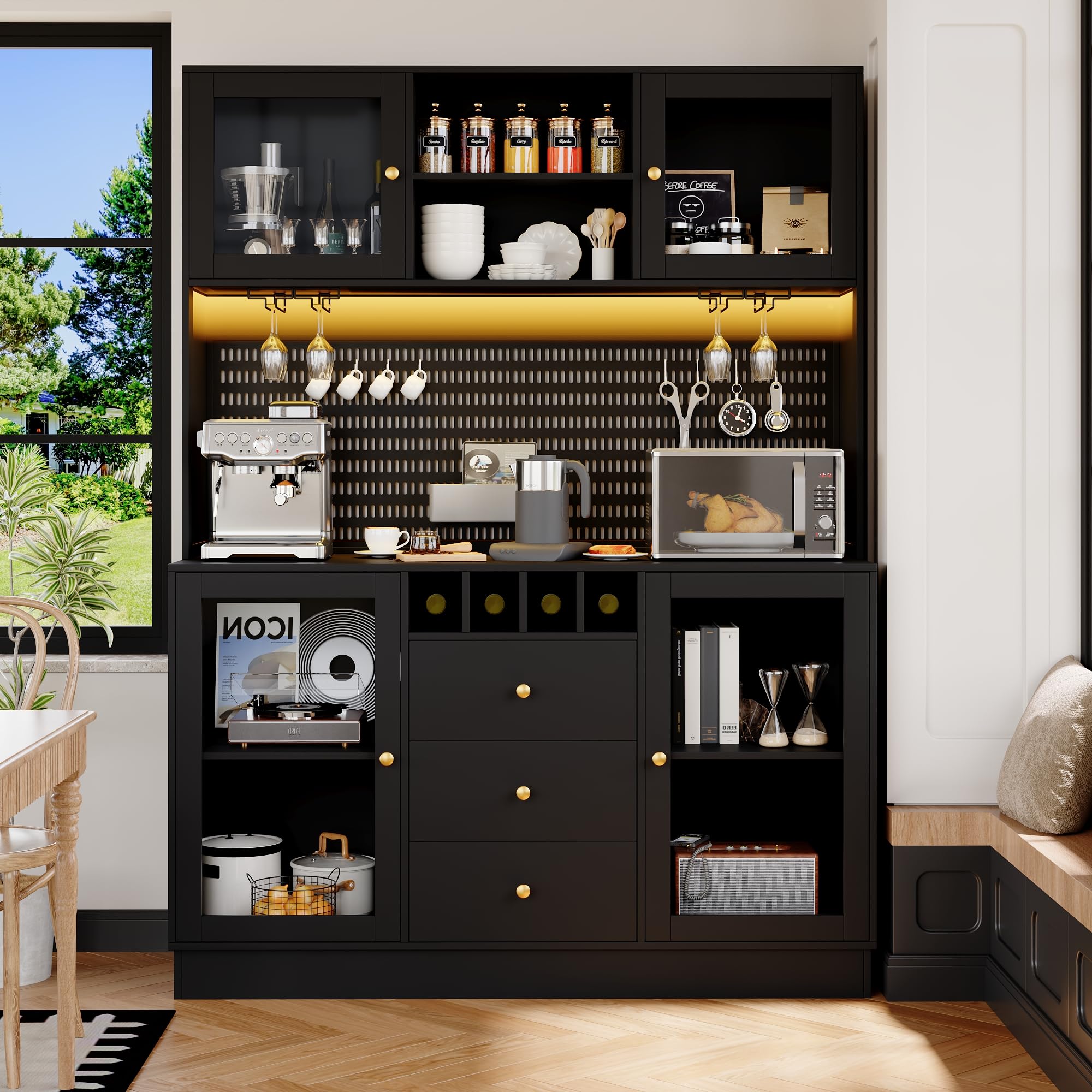 DRIXNO Hochschrank, Küchenschrank mit LED Beleuchtung, Buffetschrank mit Schubladen, Verstellbaren Ablagen, Esszimmerschrank, Seitenschrank mit Weinregal und Kippsicherung, 140x40x185.7 cm, Schwarz