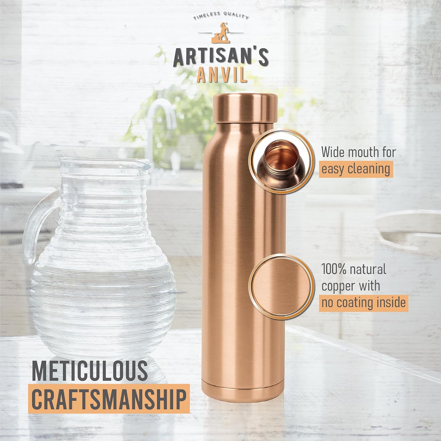 Artisan's Anvil Copper Water Bottle for Drinking Water – Handcrafted Ayurvedic 100% Pure Copper Bottle with Carry Bag & Leak-Proof Lid - Designed for Daily Use at Home, Work or On the Go