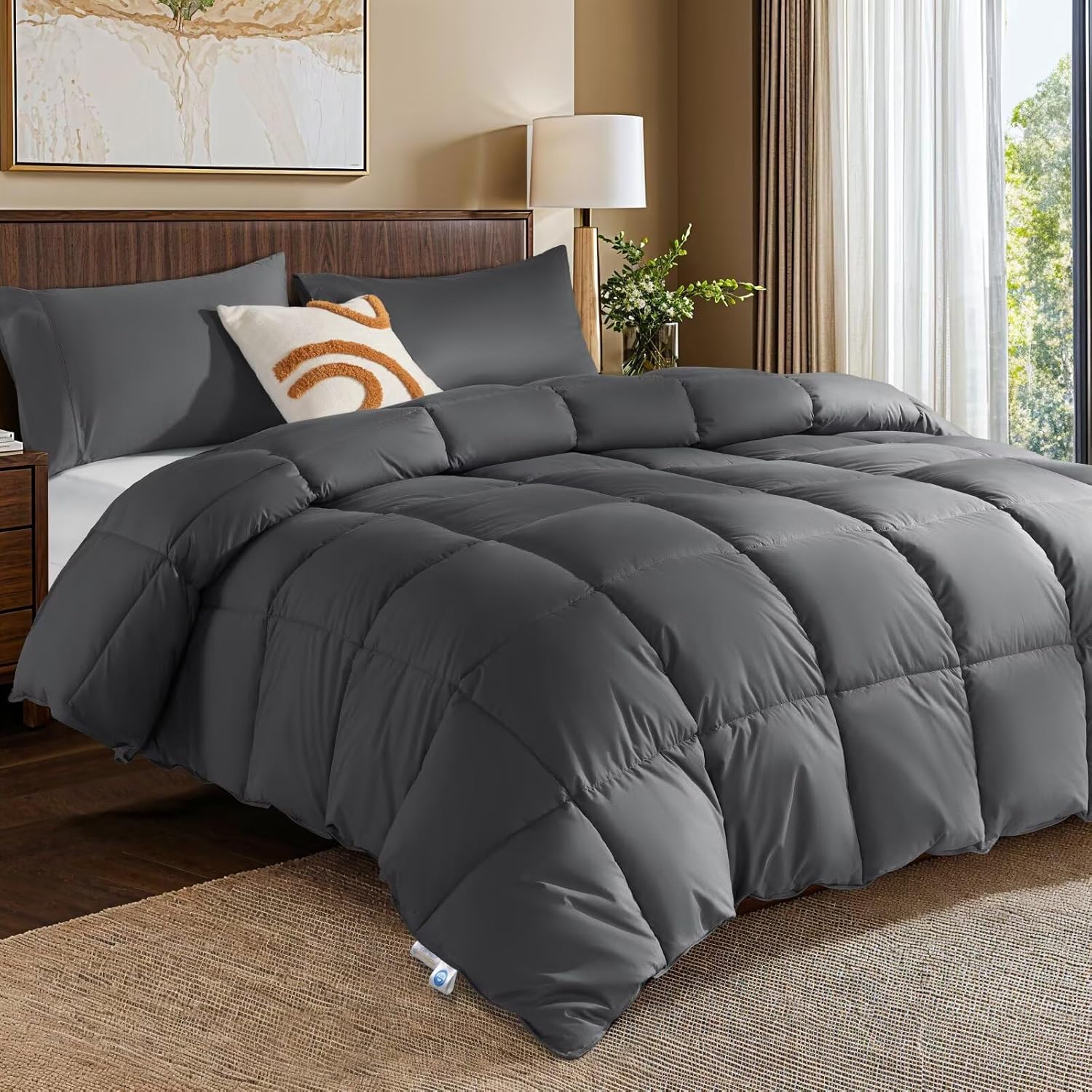 Rwlvpe Hungary Goose Down Comforter Oversized King Size, 850 Fill Power All Season Duvet Insert 60% Goose Down 40% Goose Feather, 600TC Ultra-Soft 100% Cotton Cover, Fluffy Cozy (120"x98", Dark Gray)