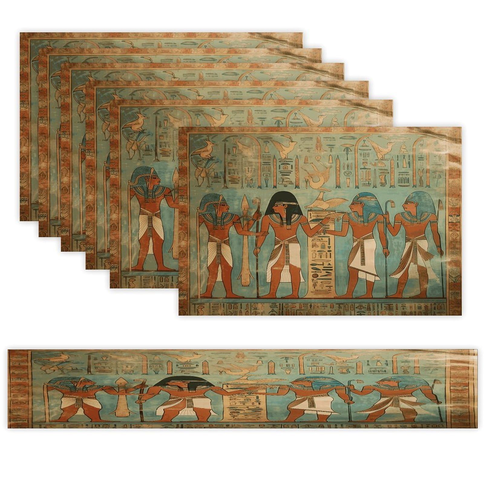 Women in Ancient Egypt Table Runner and Placemats Set of 6 Wipe Clean Heat Resistant Table Mat with Table Runner Decorations Flax Linen Place Mat Set for Home Kitchen Party Supplies
