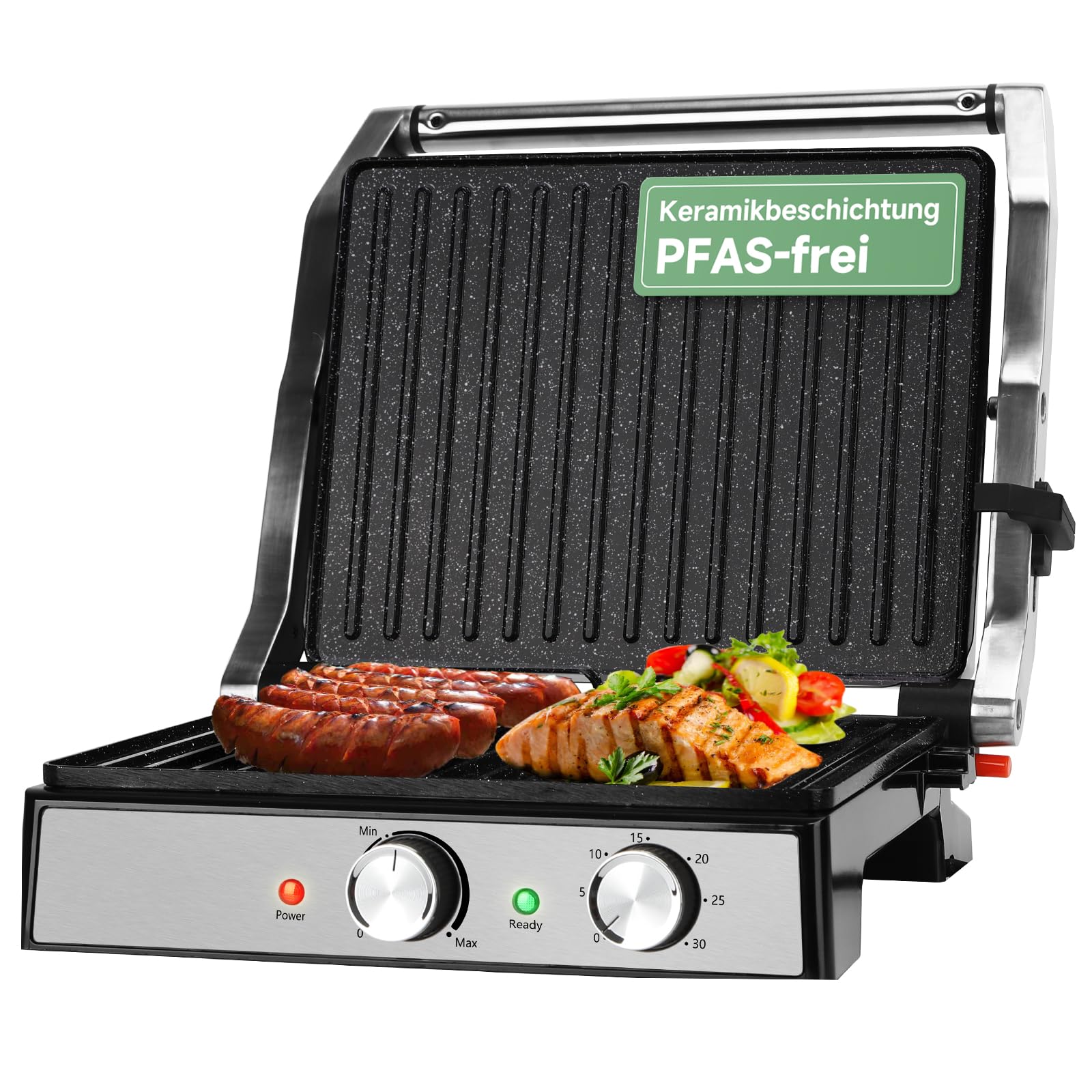Aigostar Roast - Kontaktgrill 2000W | Einstellbarer Thermostat | 30 Minuten Timer | 29 * 23cm | 180° Öffnung | Fettauffangschale | Sandwichmaker für Sandwiche, Steak, Toaster