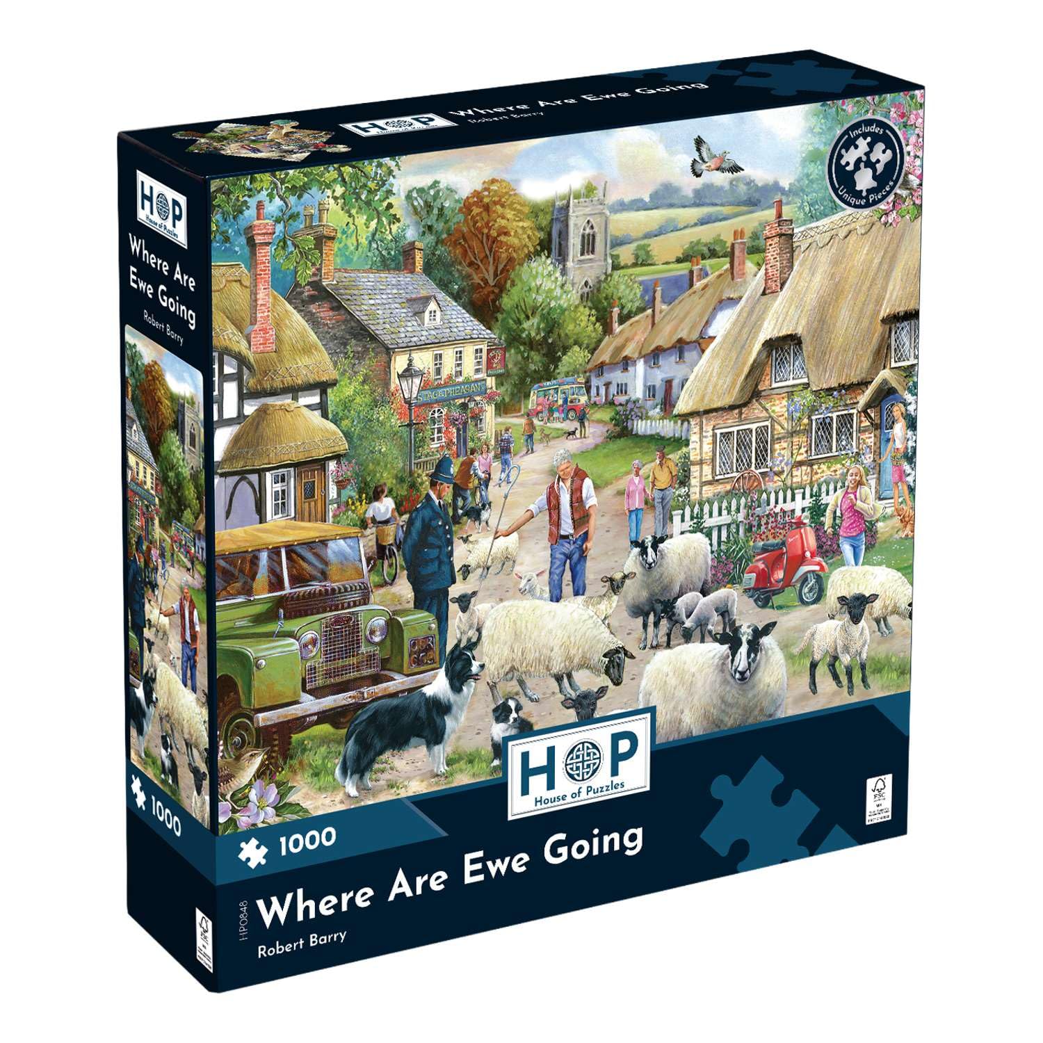 The House of Puzzles Where Are Ewe Going 1000 Piece Puzzle | Countryside & Farm Jigsaw for Adults | Sheep & Village Themed Jigsaws with Art Illustrated by Robert Barry | Challenging Gifts for Puzzlers