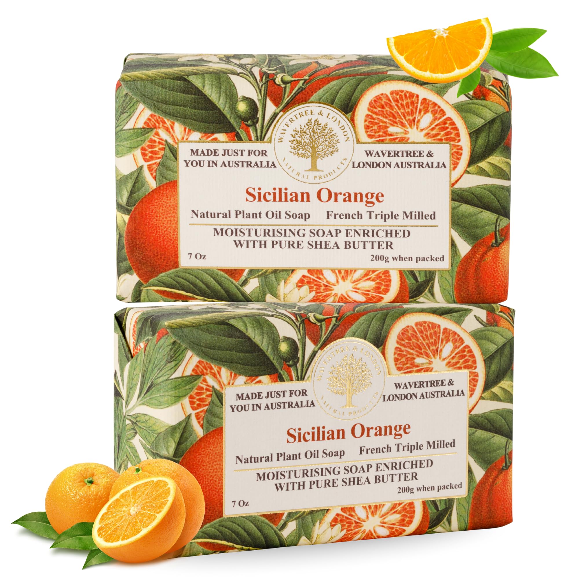 Wavertree & London Sicilian Orange Scented Natural Soap (2 Bars), 7oz Moisturizing French Triple Milled Soap Bars enriched with shea butter - Pure