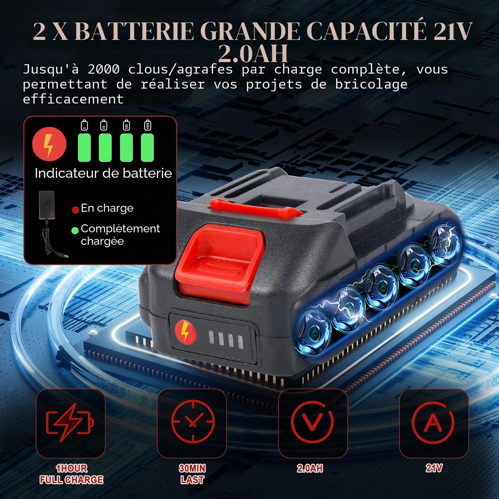 Cloueuse Electrique Sans Fil 18GA 21V, Agrafeuse Electrique avec 2 x 2.0Ah Batterie et Chargeur, avec 2000 Clous Brads +2000 Agrafes pour Travail du bois, Projets de Tapisserie Ameublement