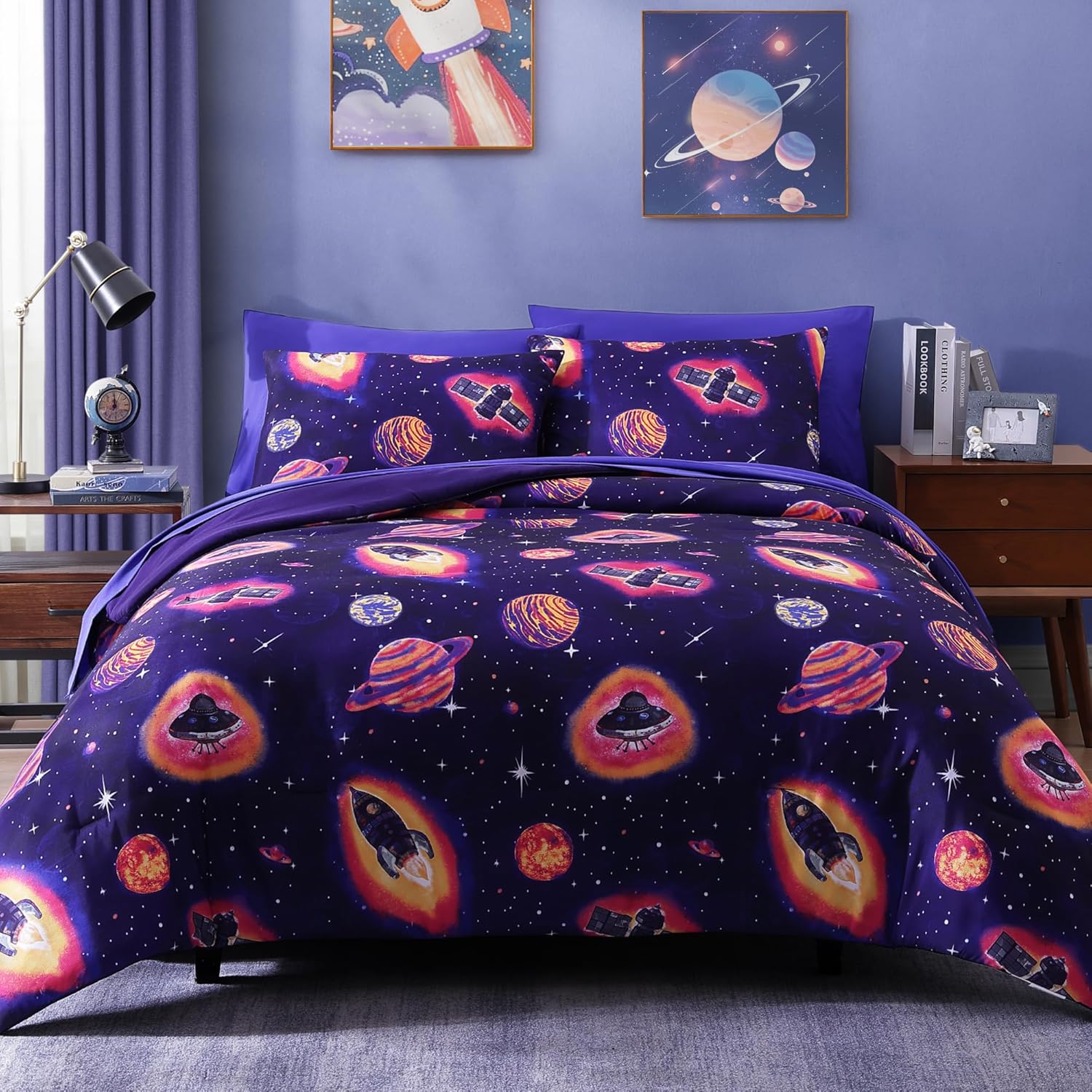 Twin Comforter Set for Boys-5 Pieces Space Rocket Twin Bedding Sets for Kids, Ultra Soft Bed in A Bag with Sheets