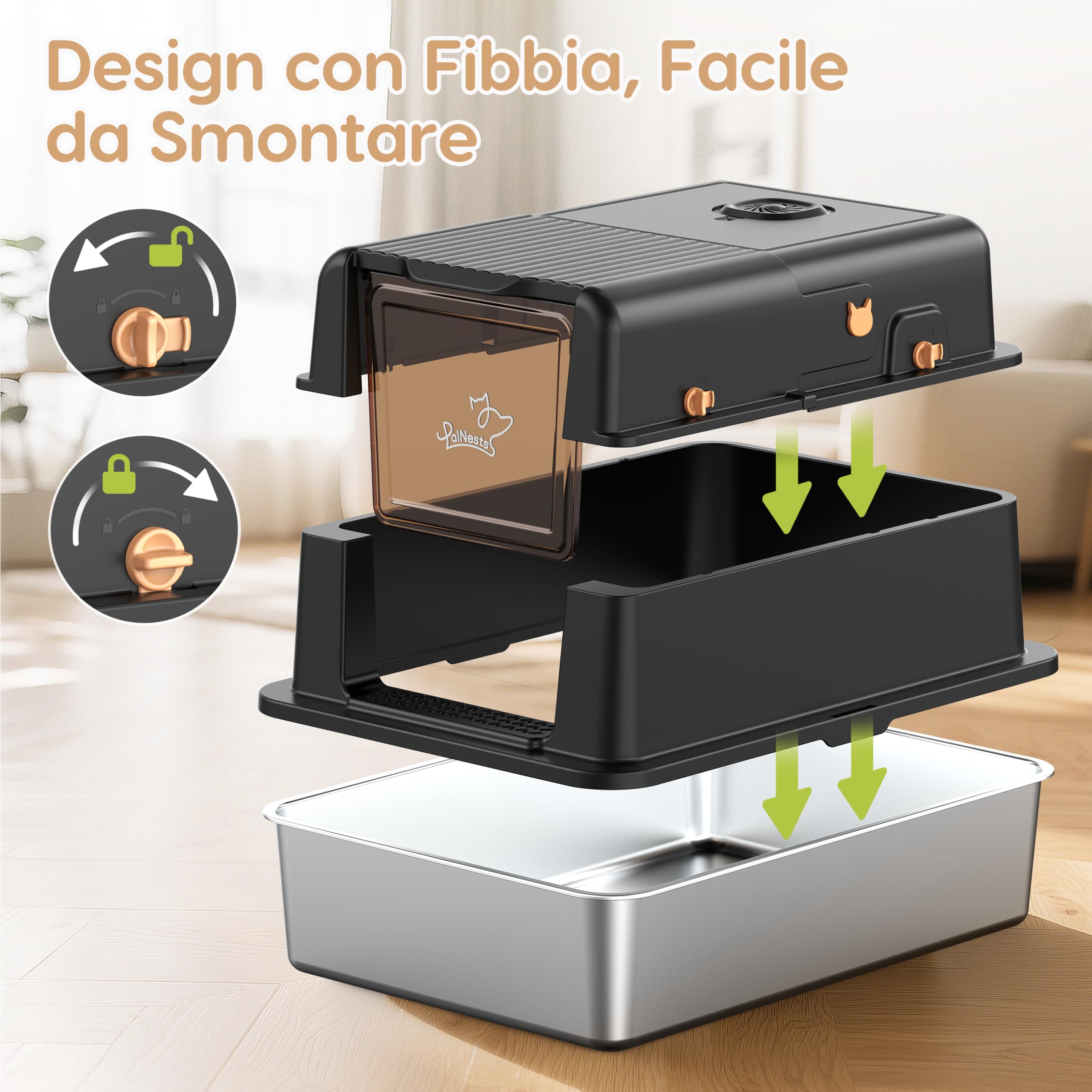 PalNests Lettiera per Gatti in Acciaio Inox, Sovradimensionato Lettiera per Gatti XXXL con Coperchio Ribaltabile a 105° e Paletta, 105L Lettiere in Metallo Rimovibile, Deodorante per Lettiere Gatto