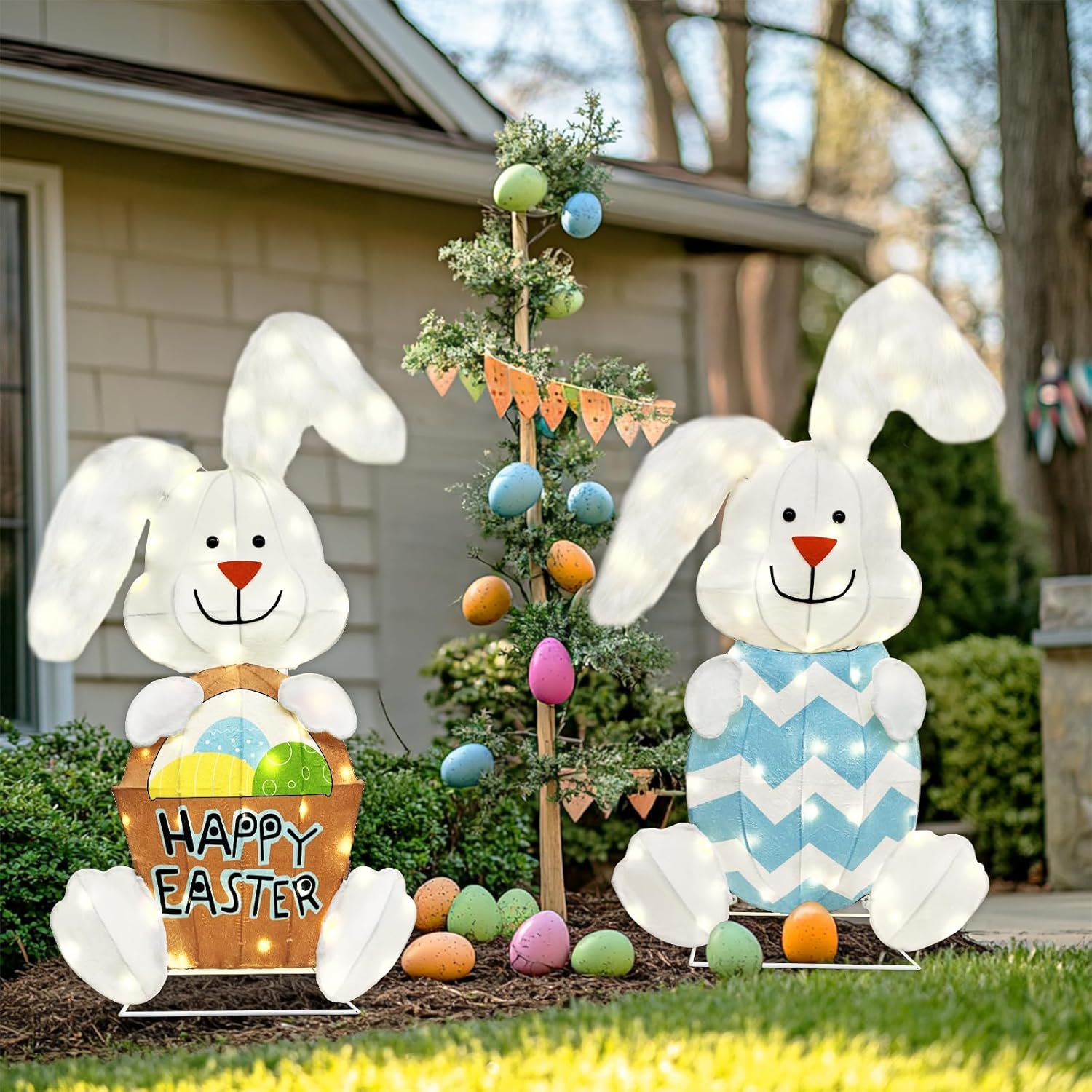 Vanthylit 2 Pcs Outdoor Easter Decorations, Lighted Bunny with 120 Lights, 2D Bunny Lights for Outdoor Yard Garden Lawn Patio Easter Decor
