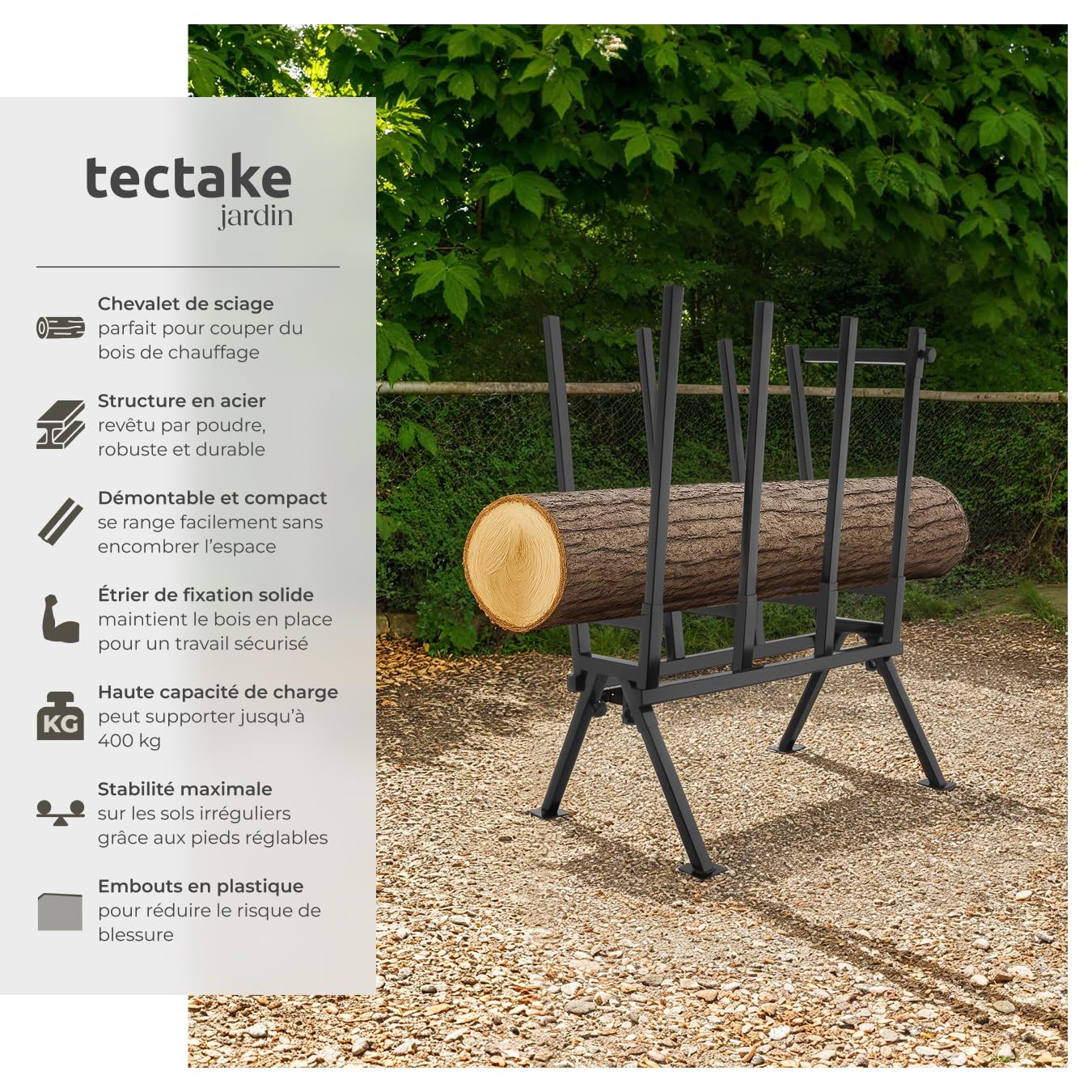 tectake® Chevalet de sciage pour Tronconneuse electrique et Scie, 76 x 53 x 102 cm, Coupe buche en acier, Chevalet coupe bois, Barre de blocage réglable, Résistant et Pliable, Capacité max. 400 kg