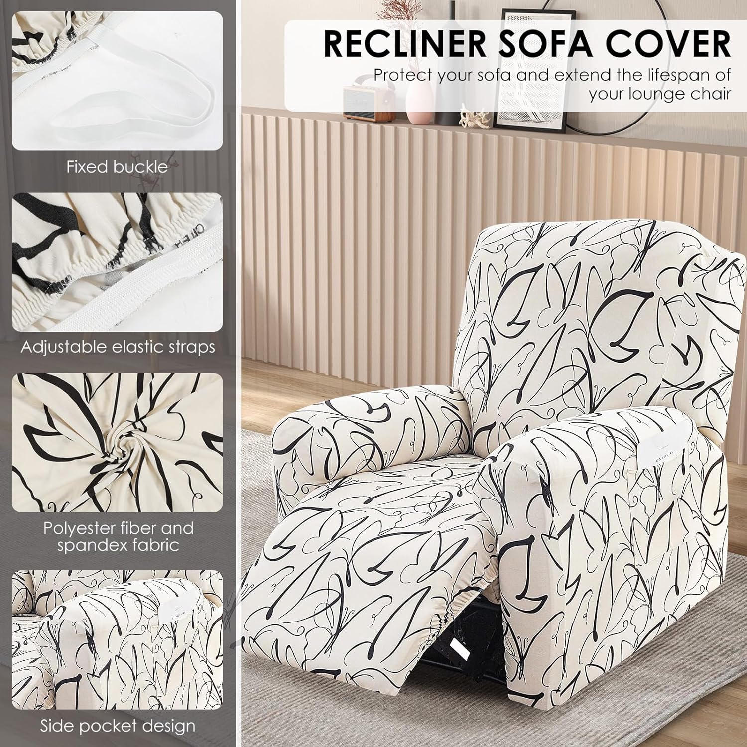4 Pcs Recliner Chair Covers, Printed Stretch Recliner Slipcovers with Side Pockets, Non Slip Single Sofa Slipcovers for Living Room Pets Kids(Black and White)