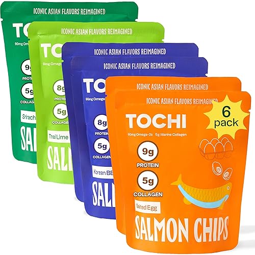 Tochi Chips de piel de salmón noruego (paquete de 6) Saludables, premium, bajos en carbohidratos, aptos para diabéticos, sin gluten, alto en