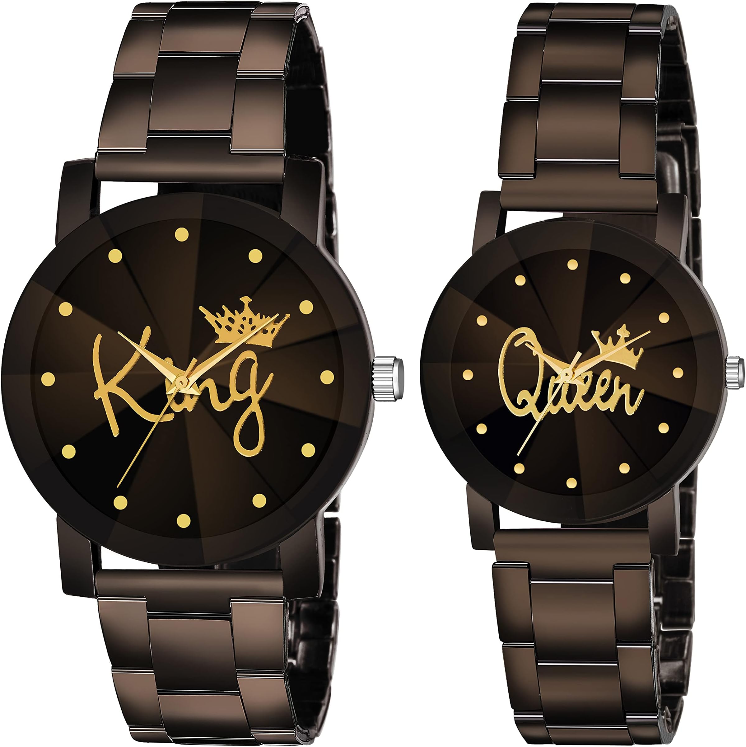 SWADESI STUFF Black King Queen Dial Round Shape Stainless Steel Strap Analog Couple Watch for Men and Women_Combo of 2