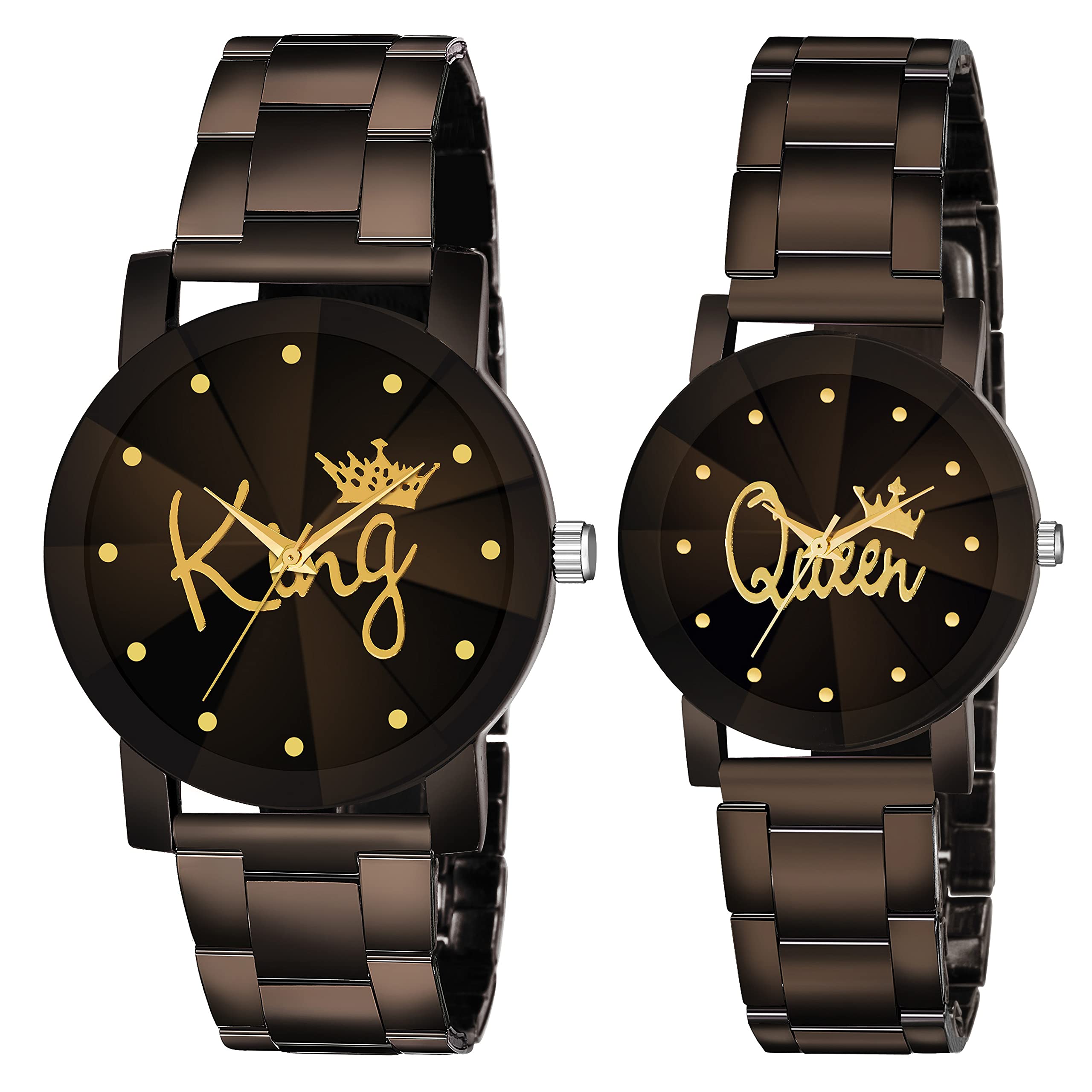 SWADESI STUFF Black King Queen Dial Round Shape Stainless Steel Strap Analog Couple Watch for Men and Women_Combo of 2