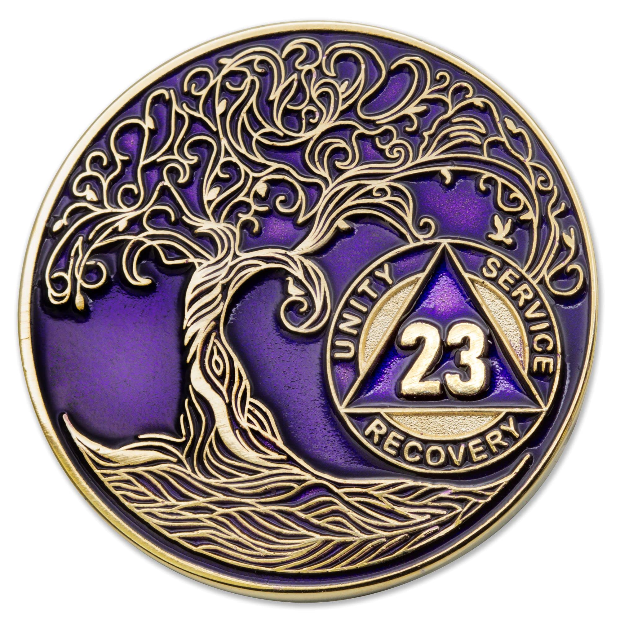 1 to 50 Year Twisted Tree of Life Sobriety Coin - Gold Plated AA Chips &amp; Medallions - 23 Year Sobriety Coin - Purple