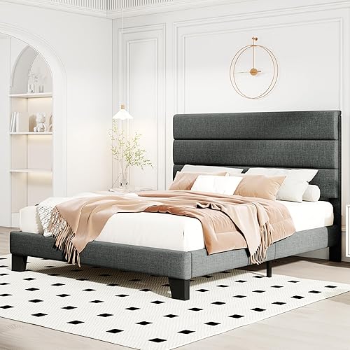 Miniatura 19 de HOOMIC Base de cama de tamaño matrimonial con cabecero, plataforma tapizada de tela con soporte de listones de madera fuerte, base de colchón, no