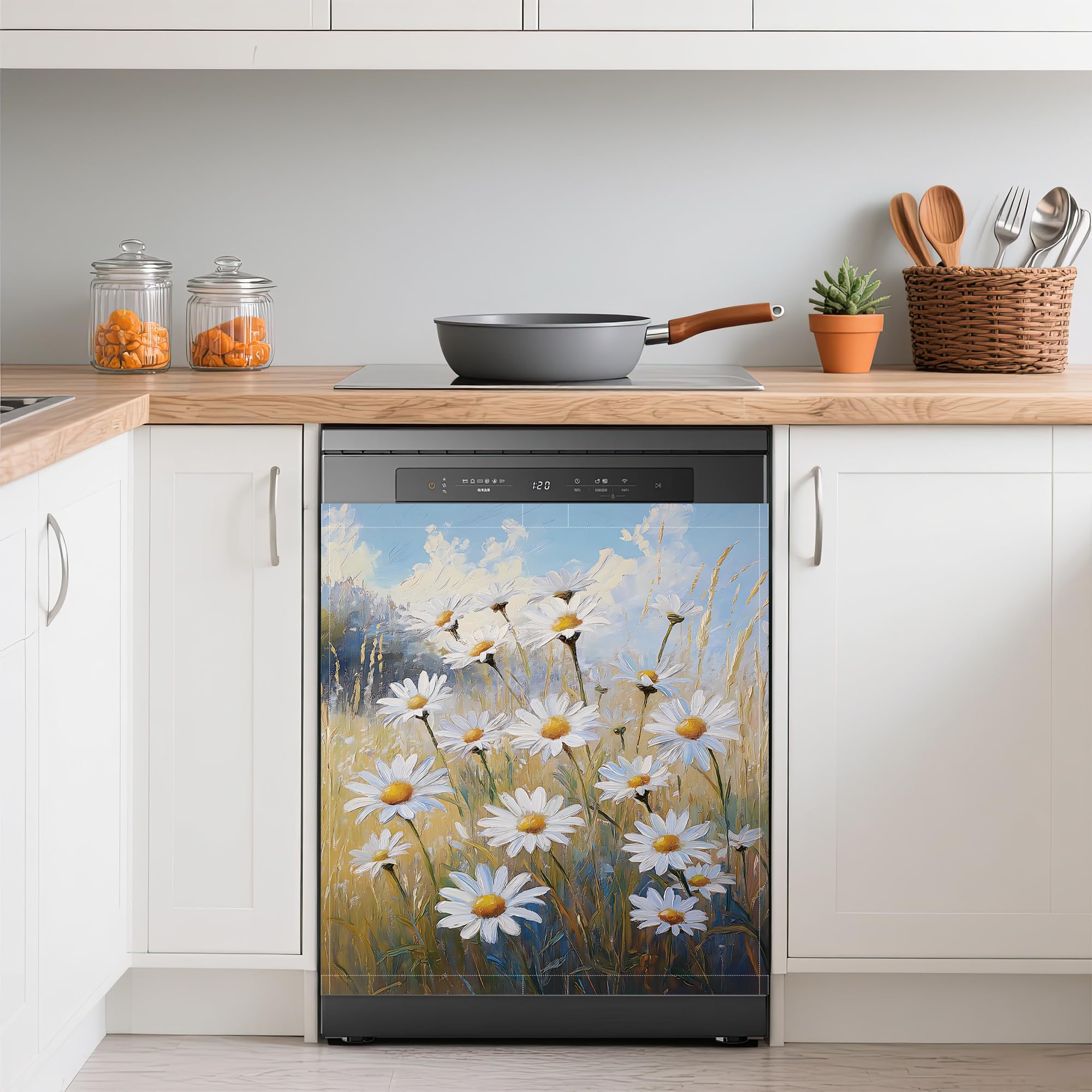 White Daisy Flower Dishwasher Covers for The Front Magnetic,Rustic Wildflower Refrigerator Magnets Decoration,Reusable Dishwasher Cover Panel for Home Kitchen Decor 23x26 Inch
