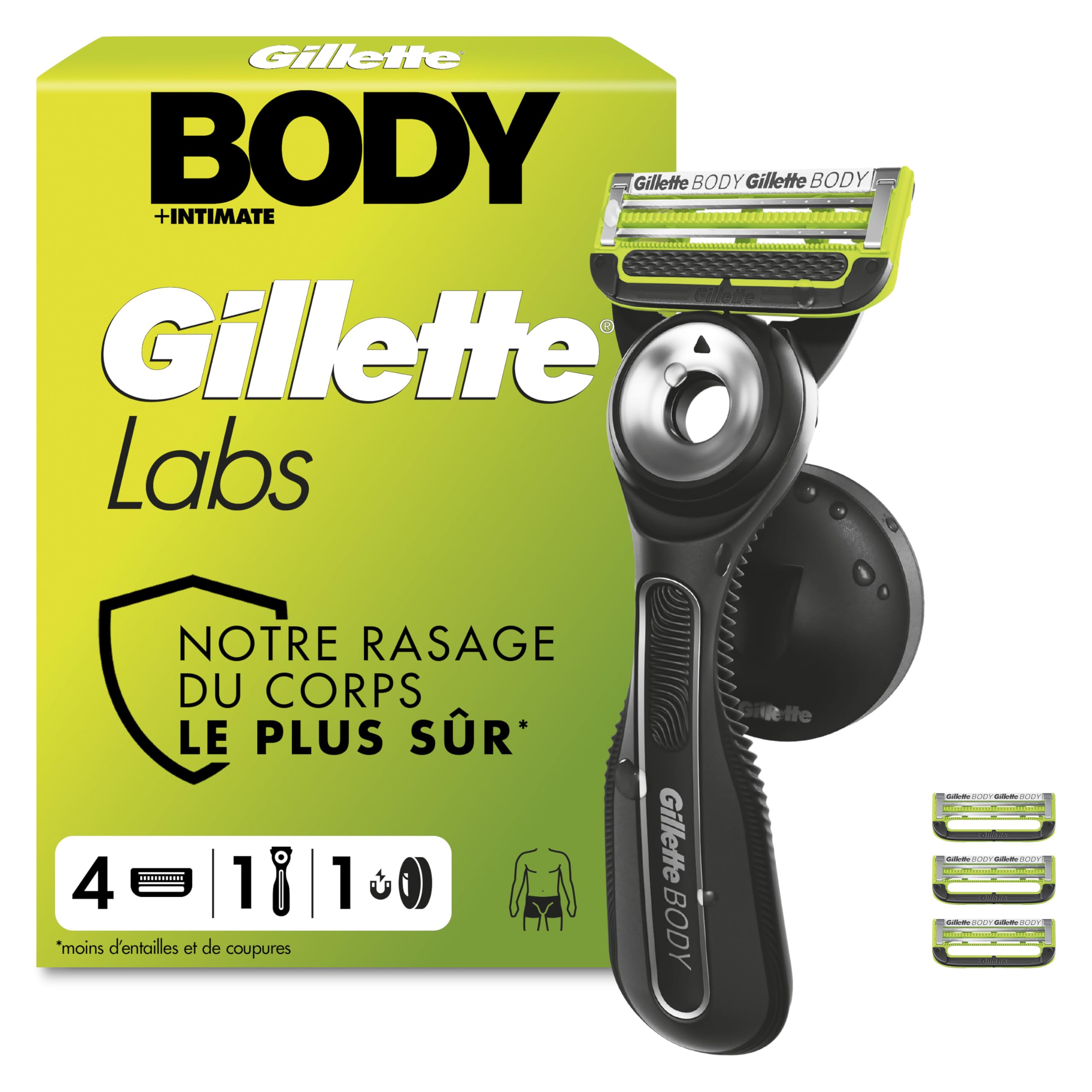 Gillette Labs Body + Intimate Rasoir Intime Homme, 4 Cartouches, Noir – Conçu pour le Rasage du Corps et du Pubis, Lames avec une Barre Anti-Poils Incarnés et Irritation, Manche Facile à Gripper